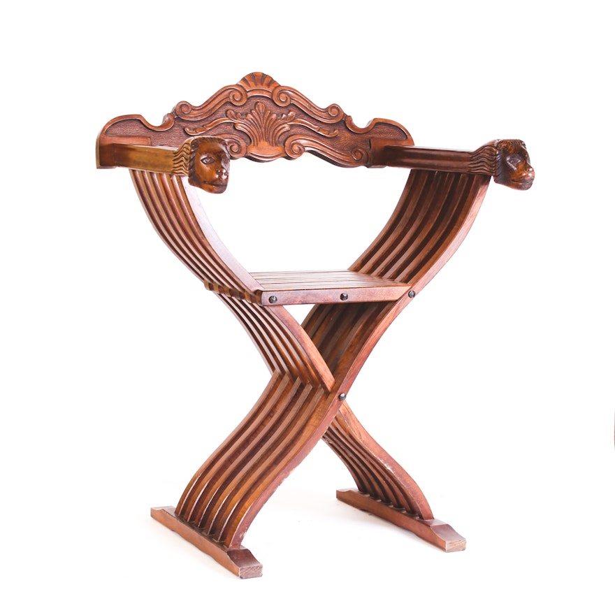 Reproduction Savonarola Chair with Carved Crest