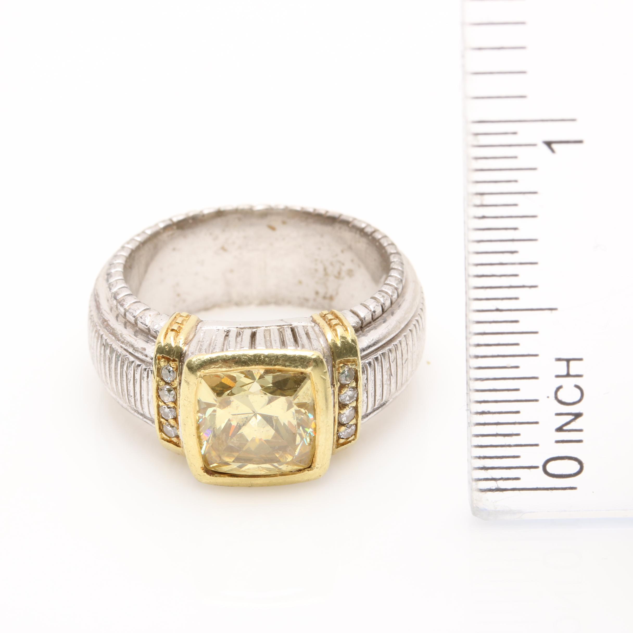 Judith Ripka "Horseshoe" Sterling Silver Cubic Zirconia and Diamond Ring