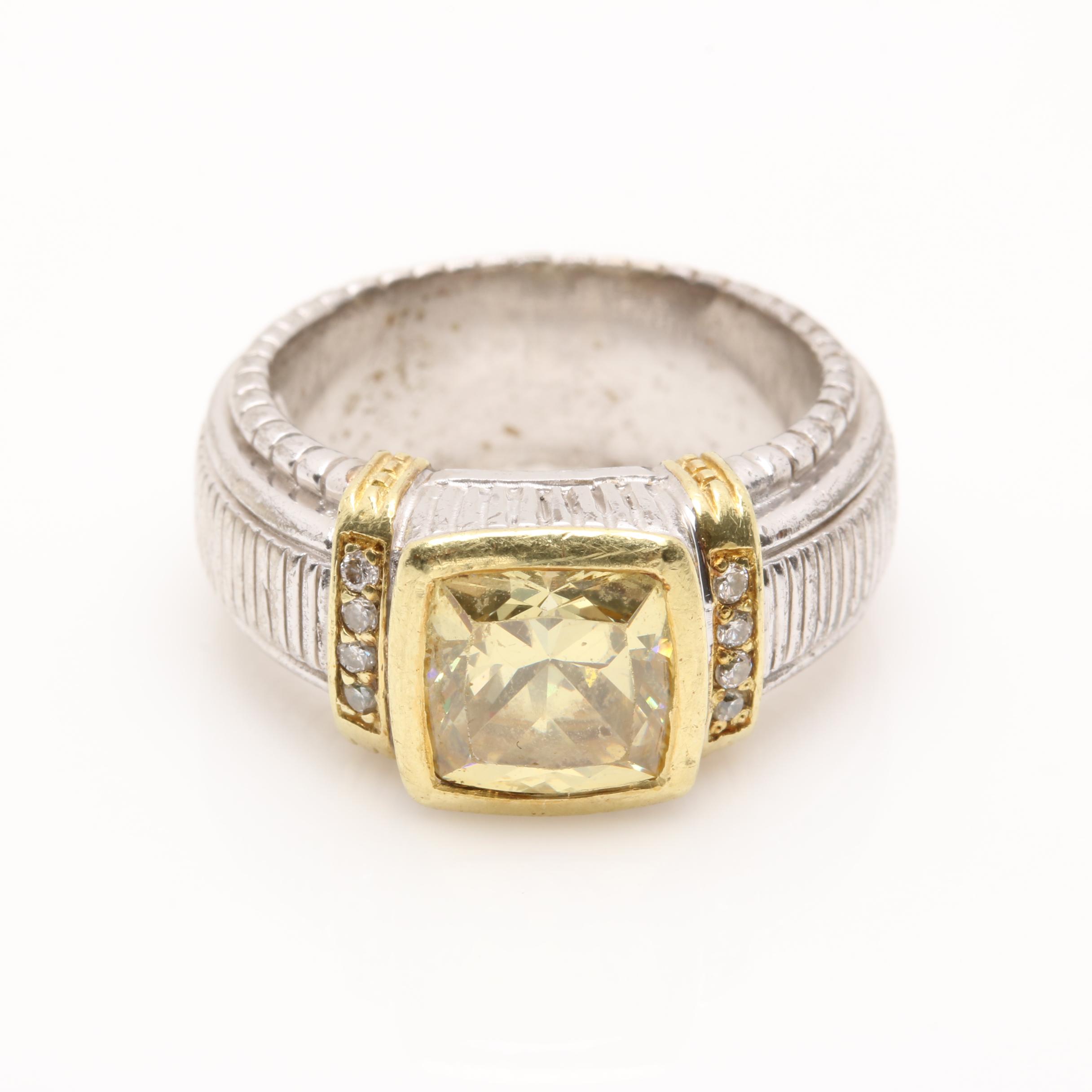 Judith Ripka "Horseshoe" Sterling Silver Cubic Zirconia and Diamond Ring