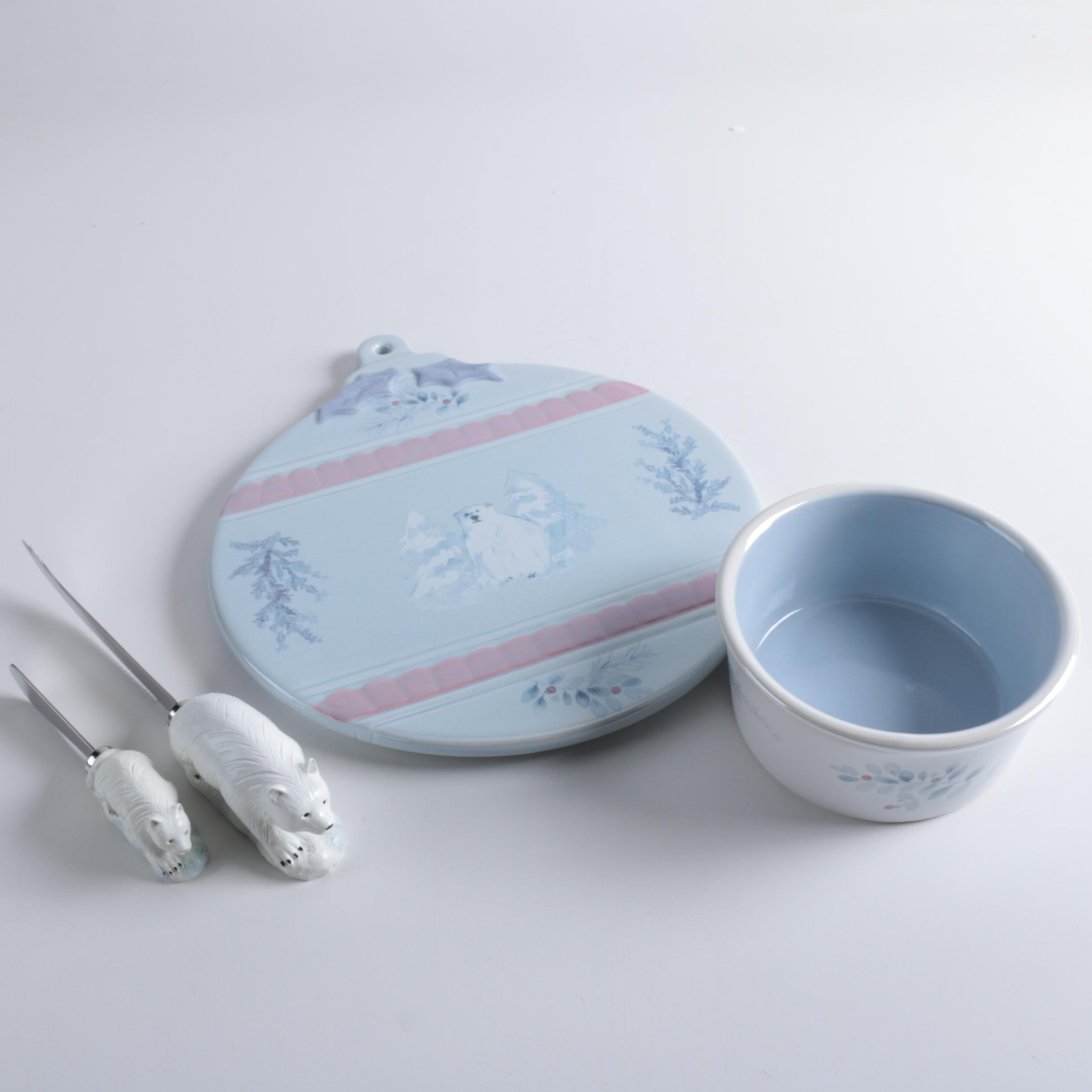 Pfaltzgraff "Winter Frost" Cheese Tray with Bowl and Knives