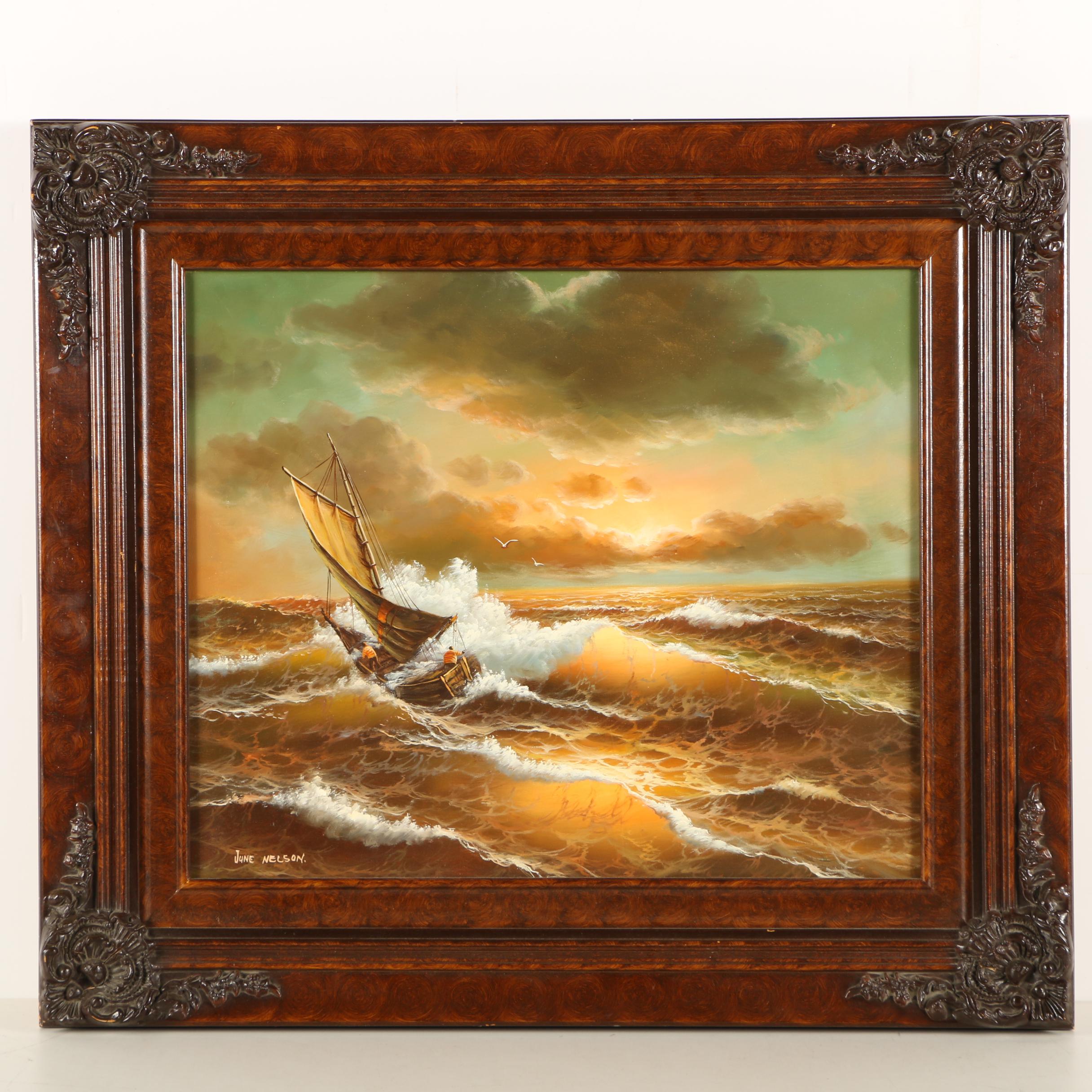 June Nelson Oil Painting of a Sailboat Fighting the Waves