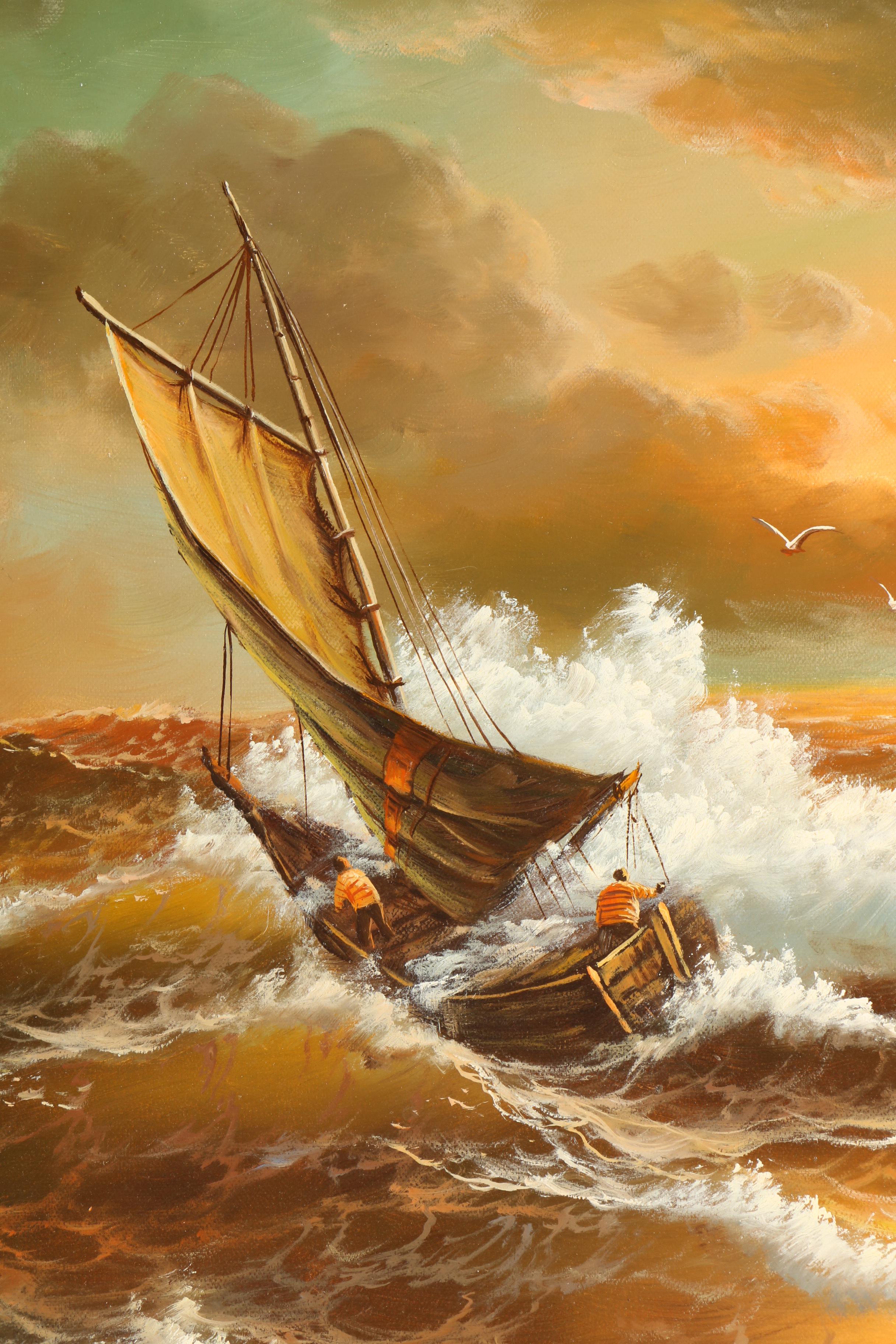 June Nelson Oil Painting of a Sailboat Fighting the Waves