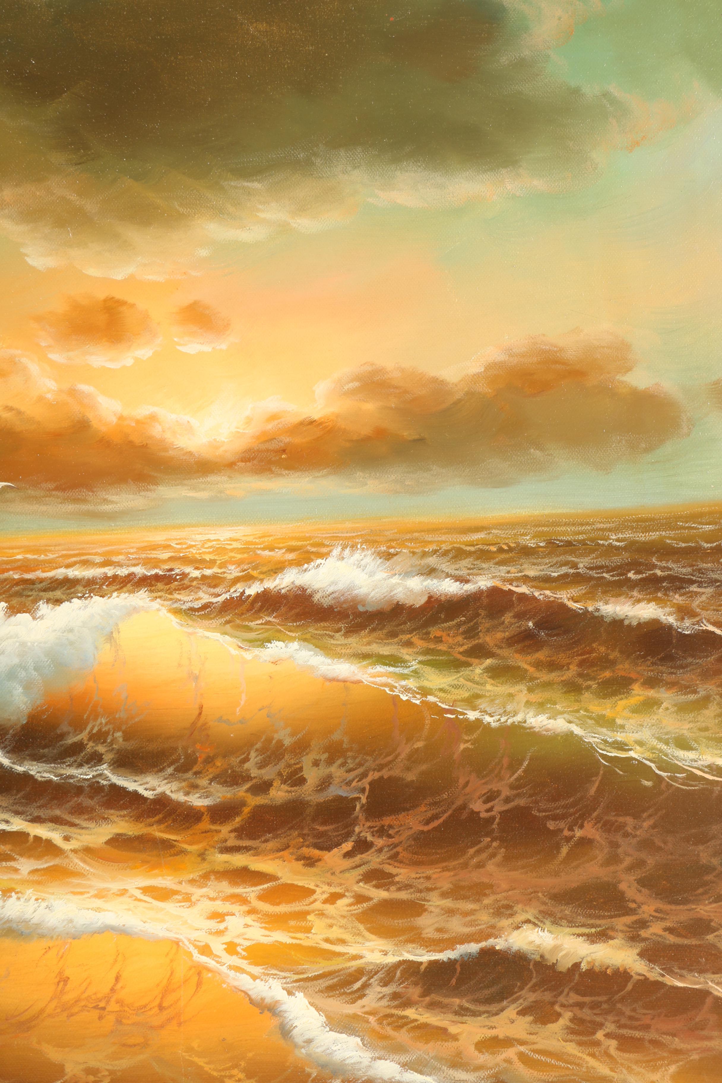 June Nelson Oil Painting of a Sailboat Fighting the Waves