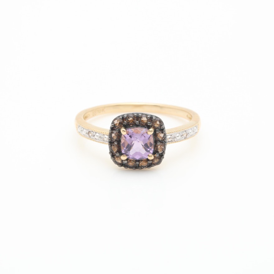 10K Yellow Gold Amethyst, Smoky Quartz and White Sapphire Ring