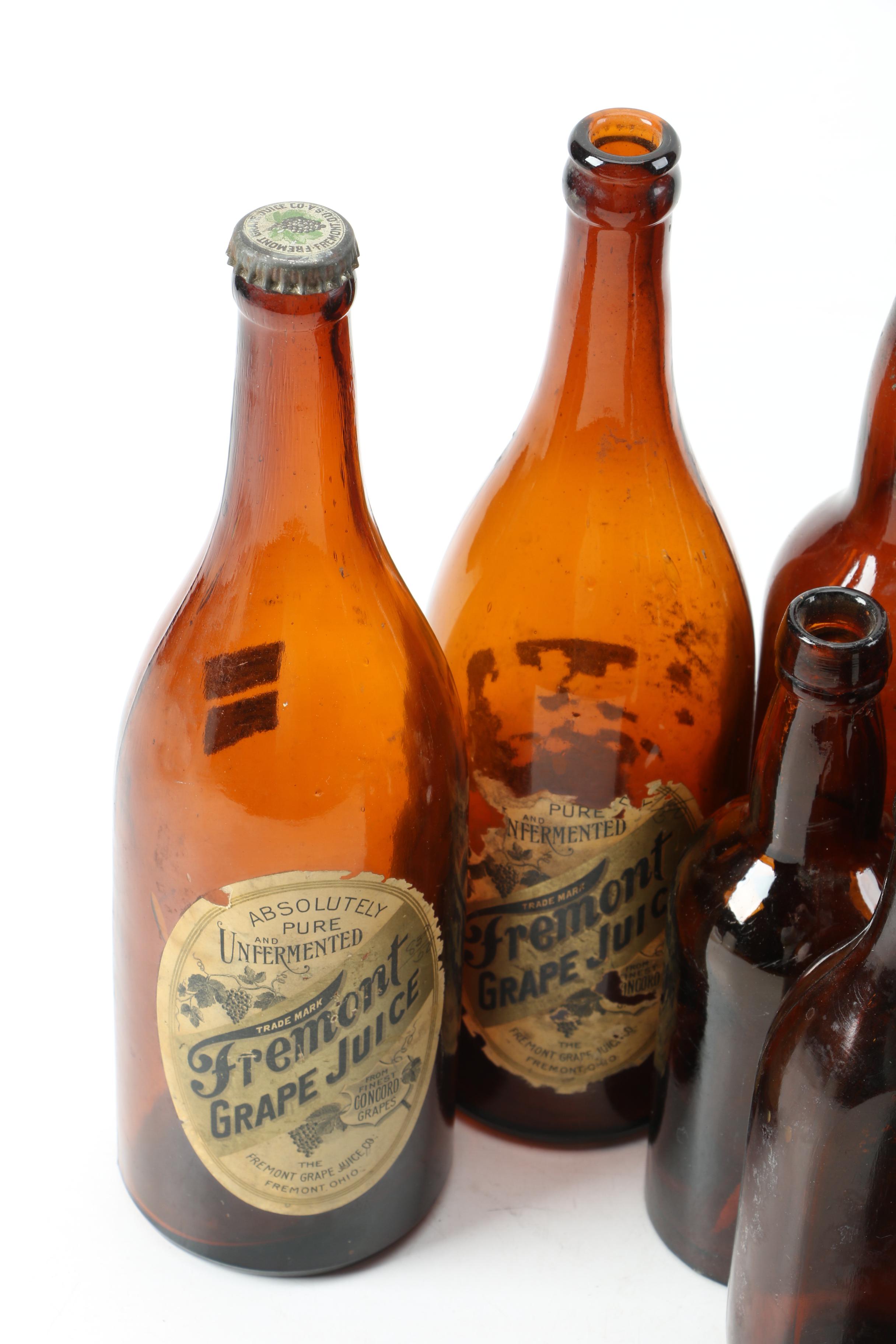 Vintage Amber Glass Bottles Featuring Fremont "Grape Juice"