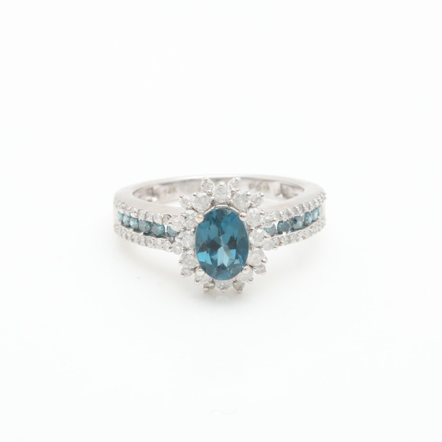 14K White Gold London Blue Topaz, Diamond and Blue Diamond Ring