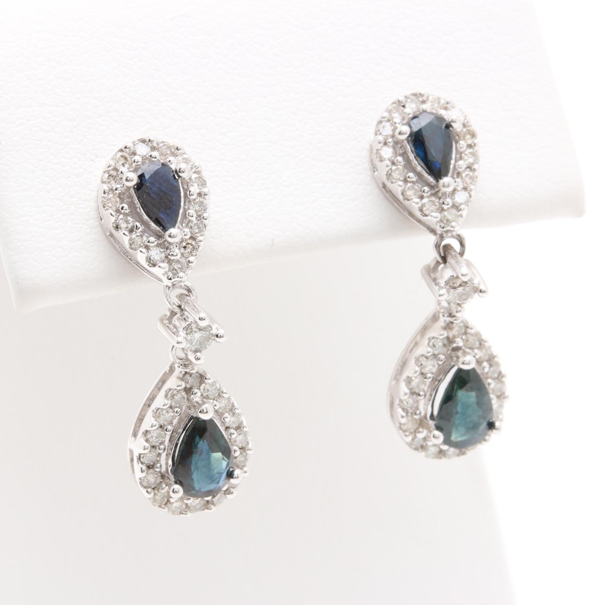 14K White Gold Blue Sapphire and Diamond Earrings