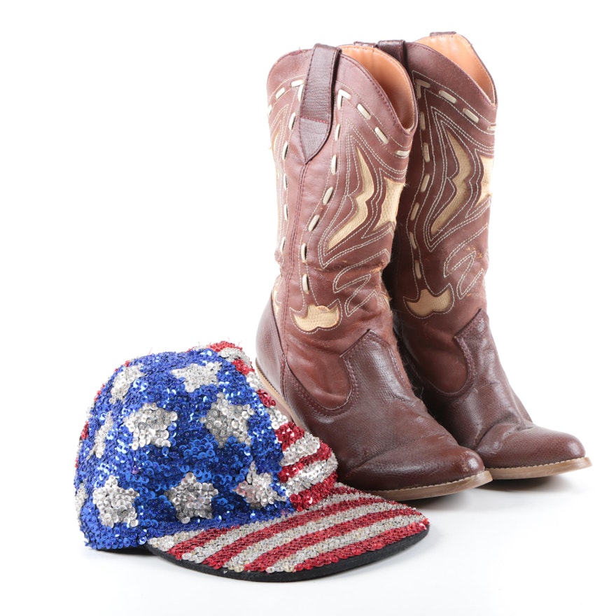 Women's Faux Leather Cowgirl Boots with Sequined American Flag Cap