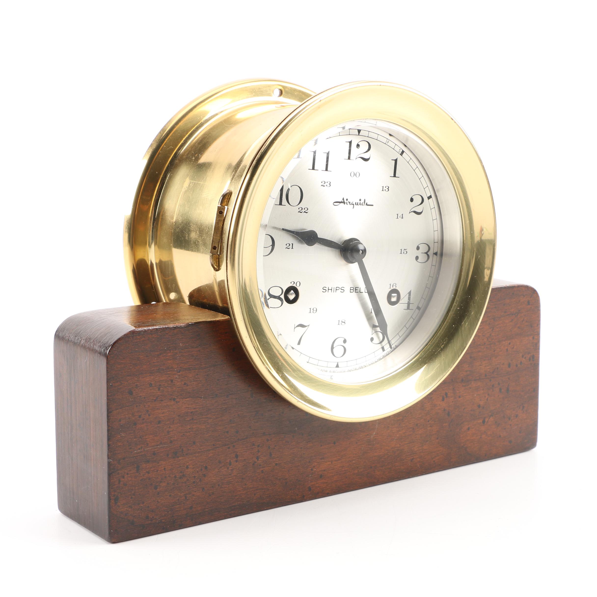 Brass Airguide Ships Bell Clock with Wooden Stand