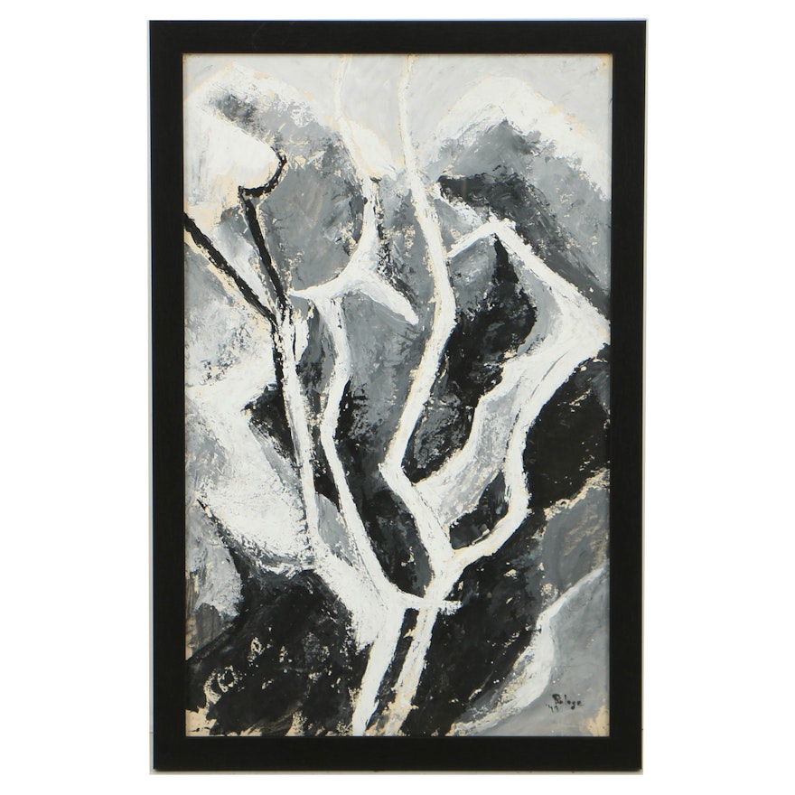 Grace Pologe Grayscale Gouache Painting on Paper of Abstracted Tree