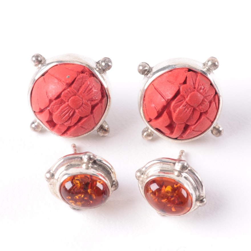 Sterling Silver Amber and Imitation Cinnabar Earring Selection