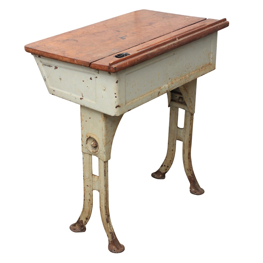 Vintage Painted Metal and Maple School Desk