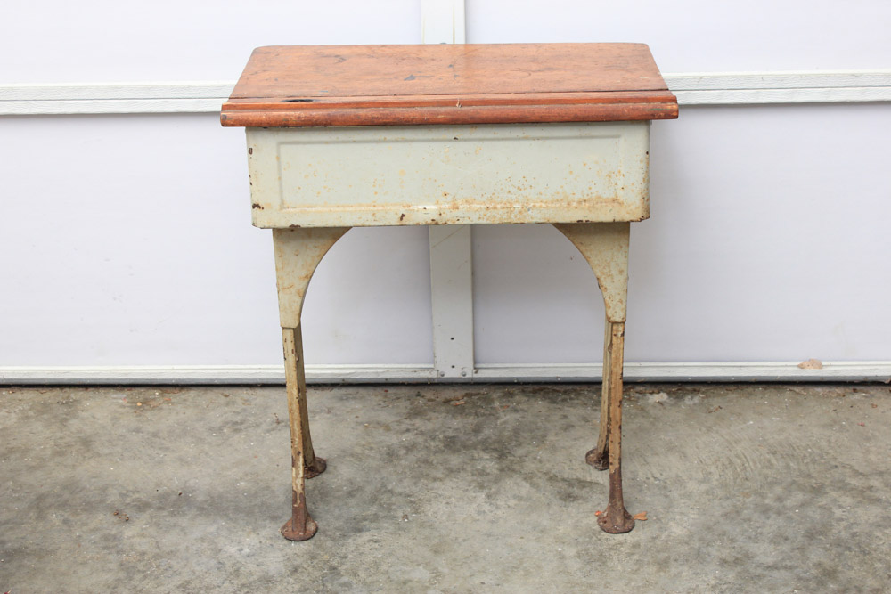 Vintage Painted Metal and Maple School Desk
