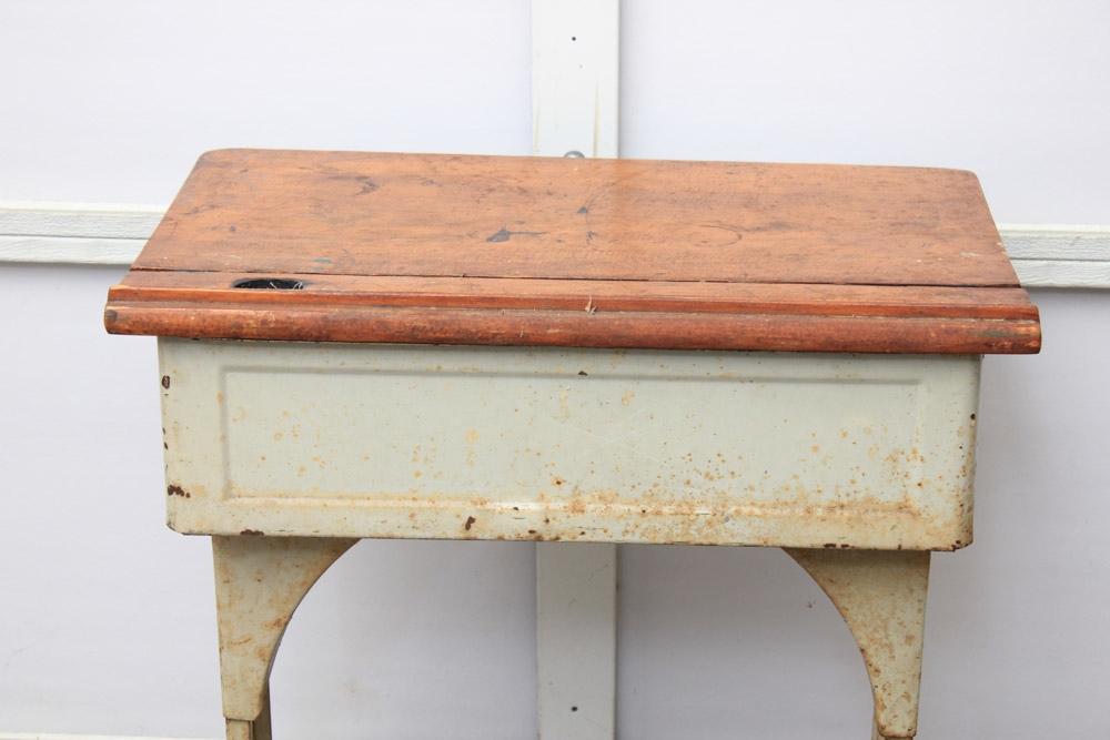 Vintage Painted Metal and Maple School Desk