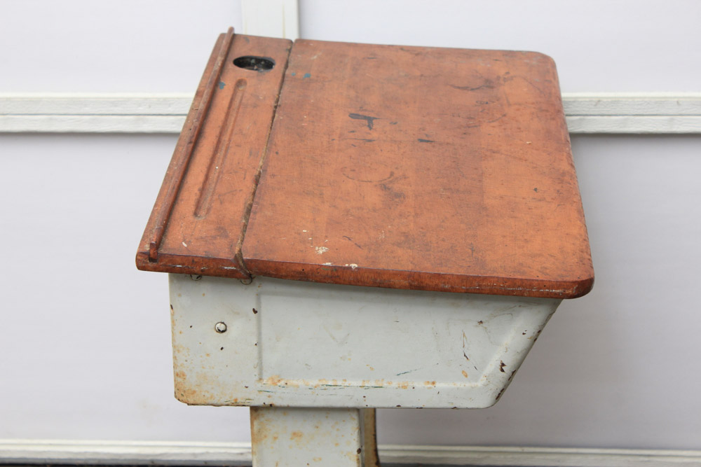 Vintage Painted Metal and Maple School Desk