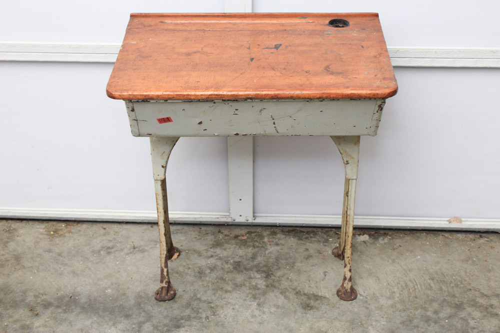 Vintage Painted Metal and Maple School Desk