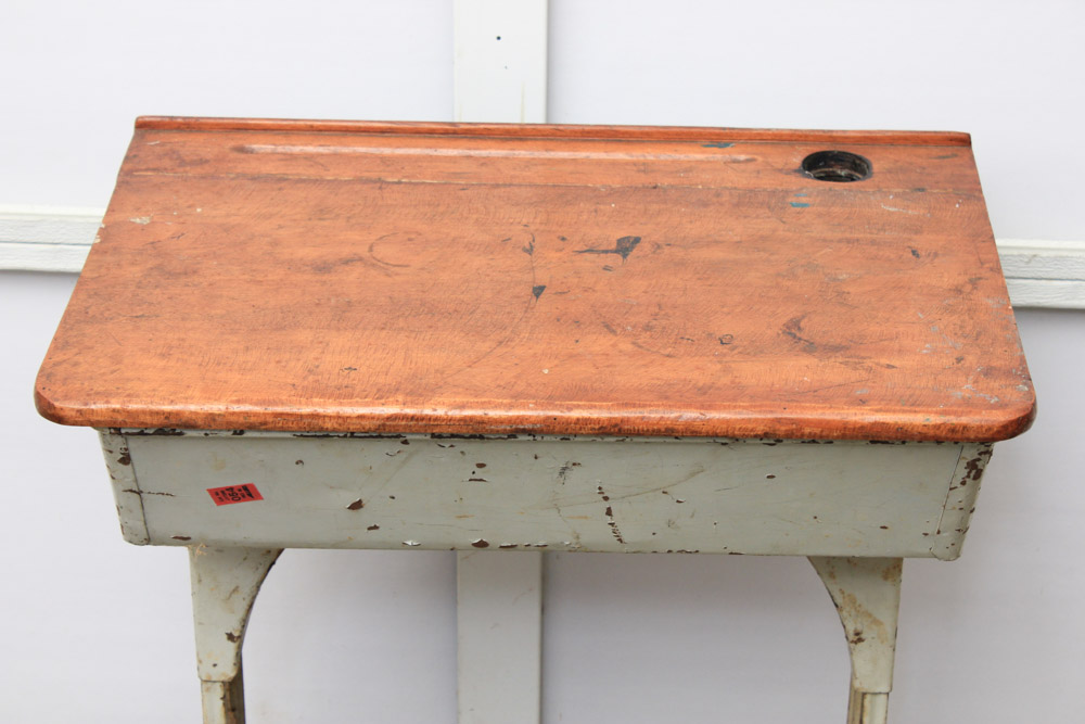 Vintage Painted Metal and Maple School Desk