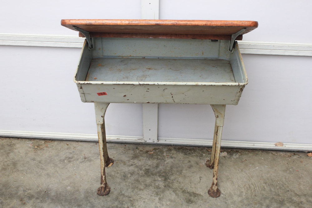 Vintage Painted Metal and Maple School Desk