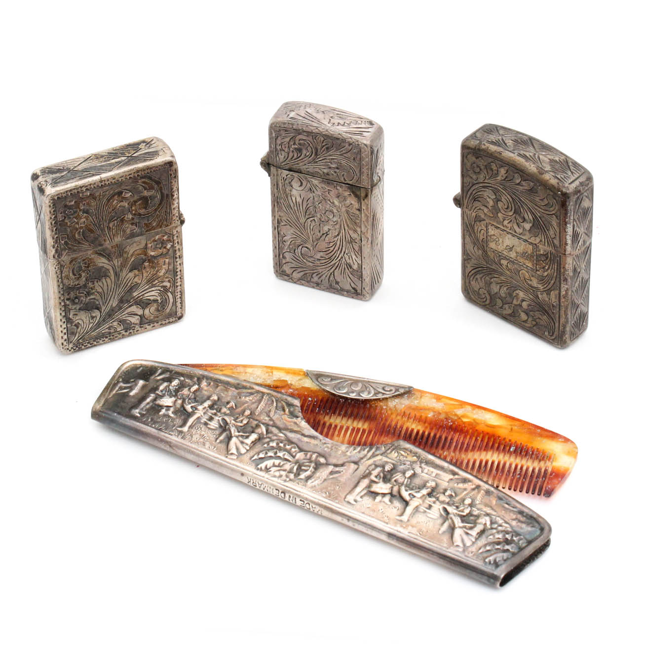 Vintage 800 Silver Lighters and Danish Silver Plate and Faux Tortoiseshell Comb