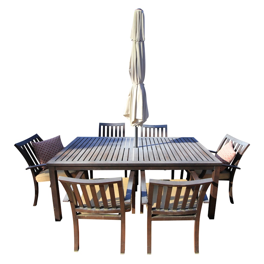 Outdoor Patio Set Including Six Chairs and Table with Umbrella