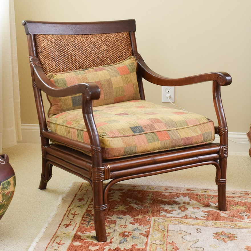 Mahogany Wood and Rattan Armchair