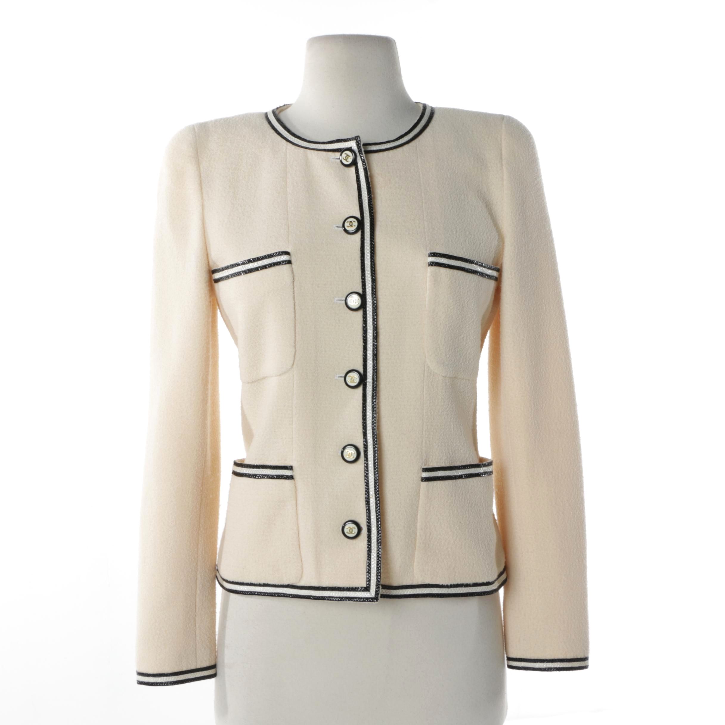 Women's Vintage Chanel Boutique Cream and Black Wool Blend Suit Jacket