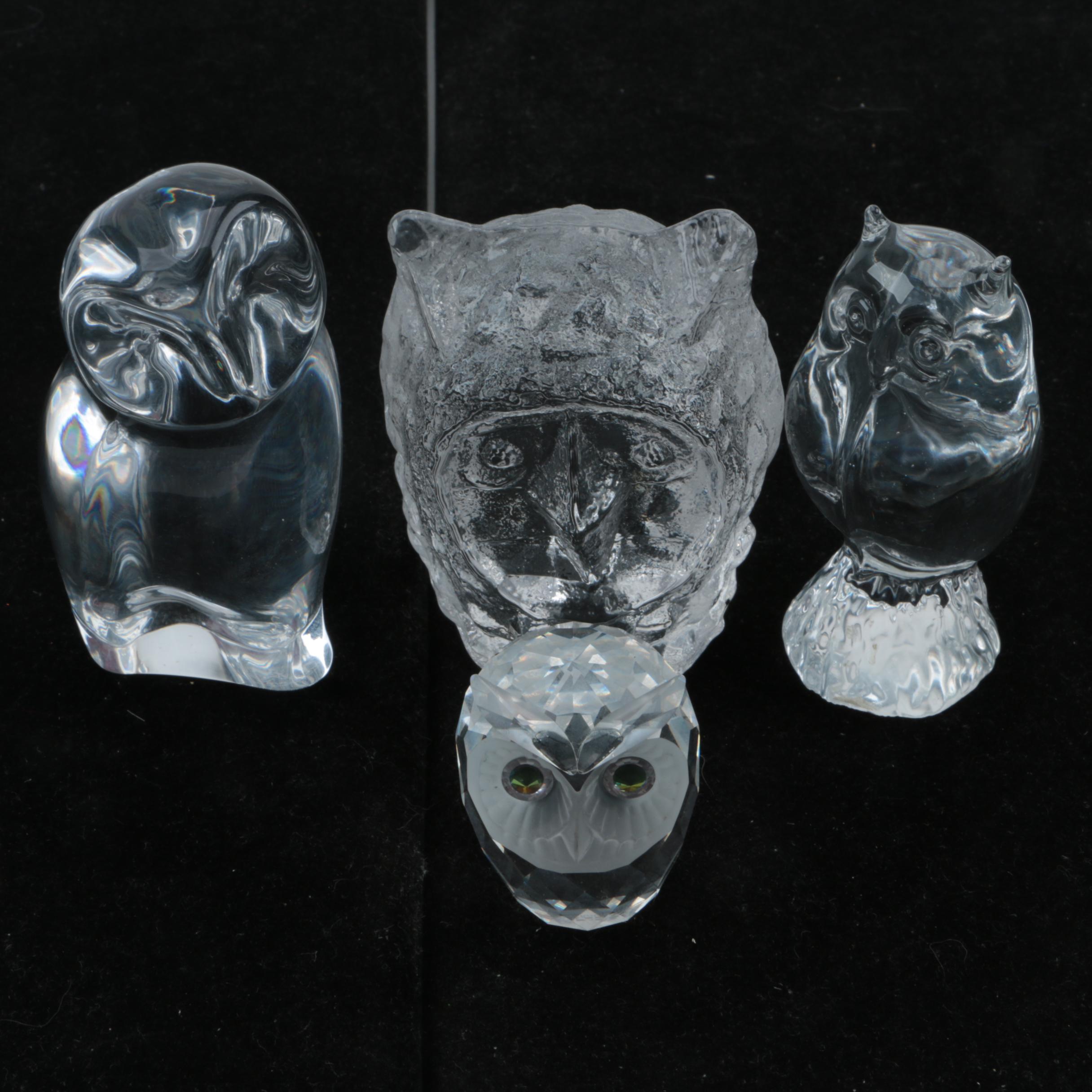 Crystal and Glass Owl Figurines including Swarovski, Pukeberg, and Baccarat