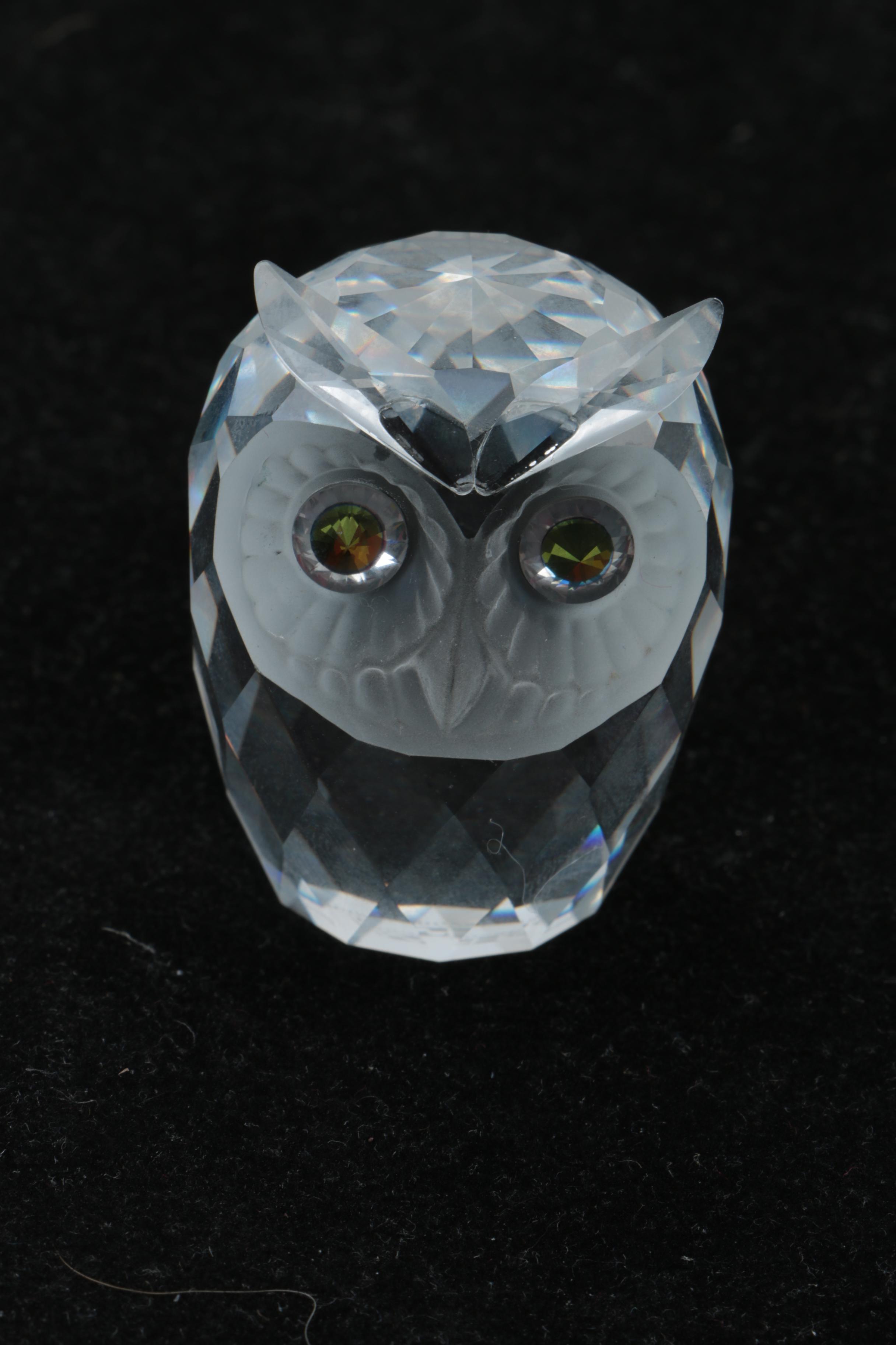 Crystal and Glass Owl Figurines including Swarovski, Pukeberg, and Baccarat