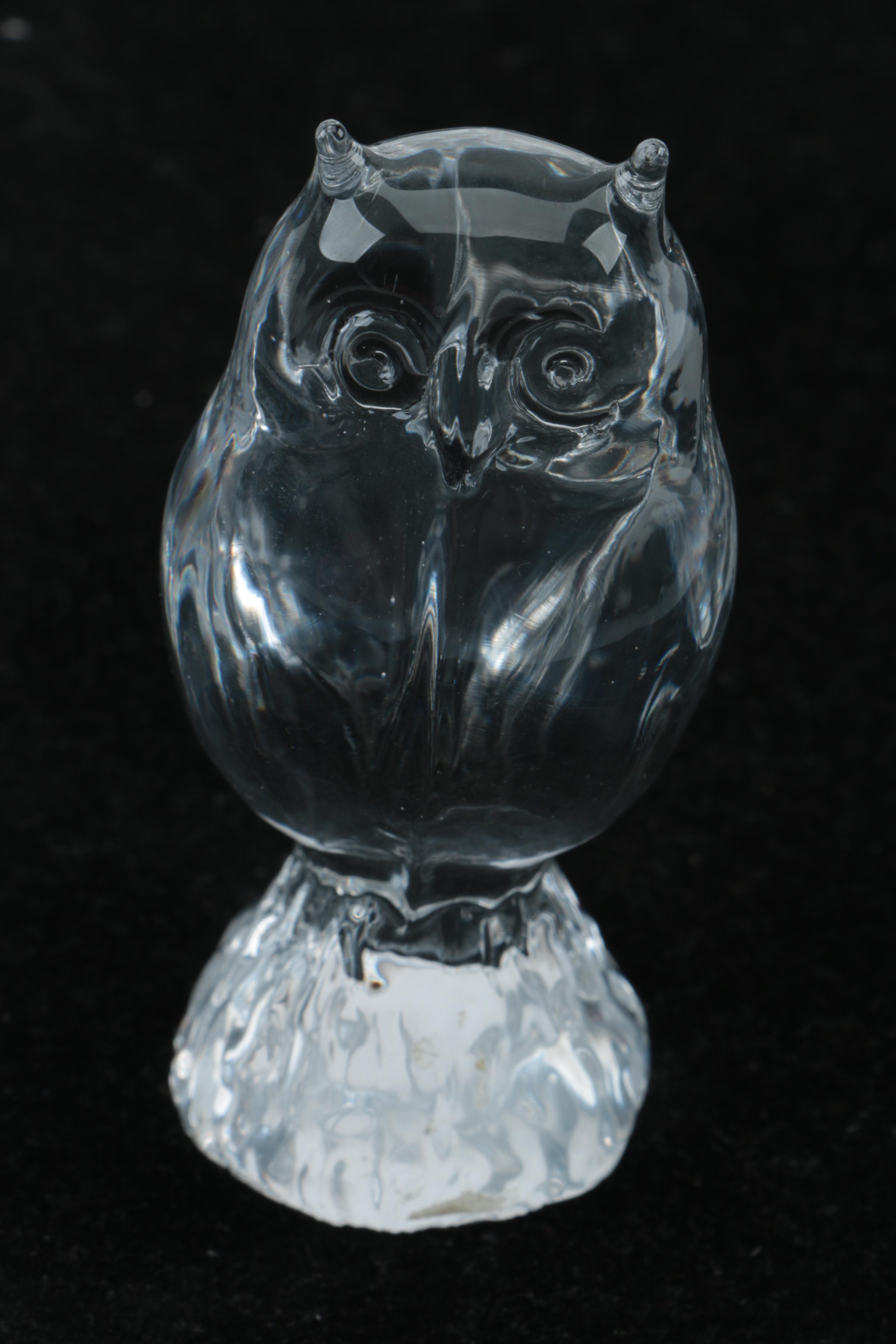 Crystal and Glass Owl Figurines including Swarovski, Pukeberg, and Baccarat