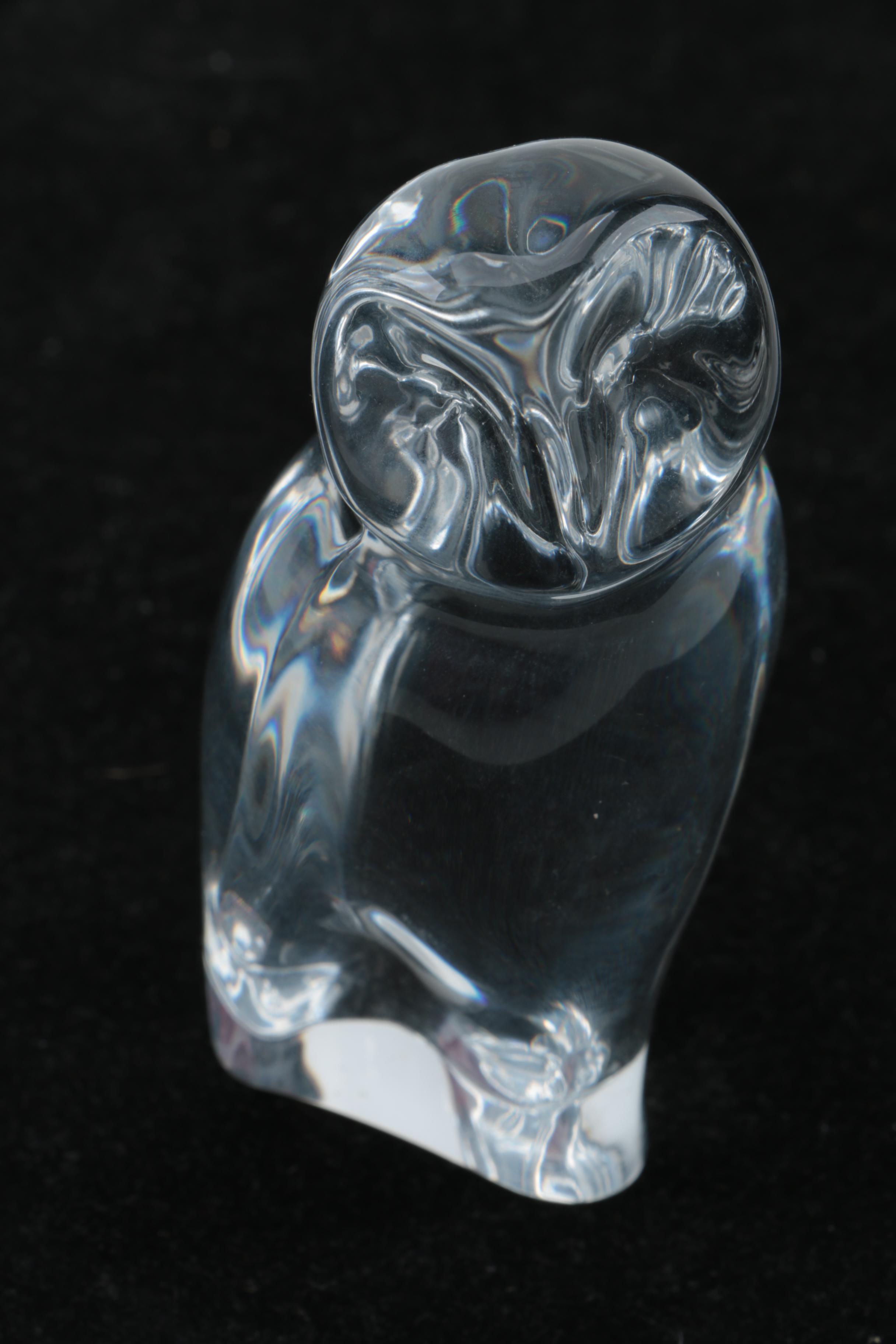 Crystal and Glass Owl Figurines including Swarovski, Pukeberg, and Baccarat