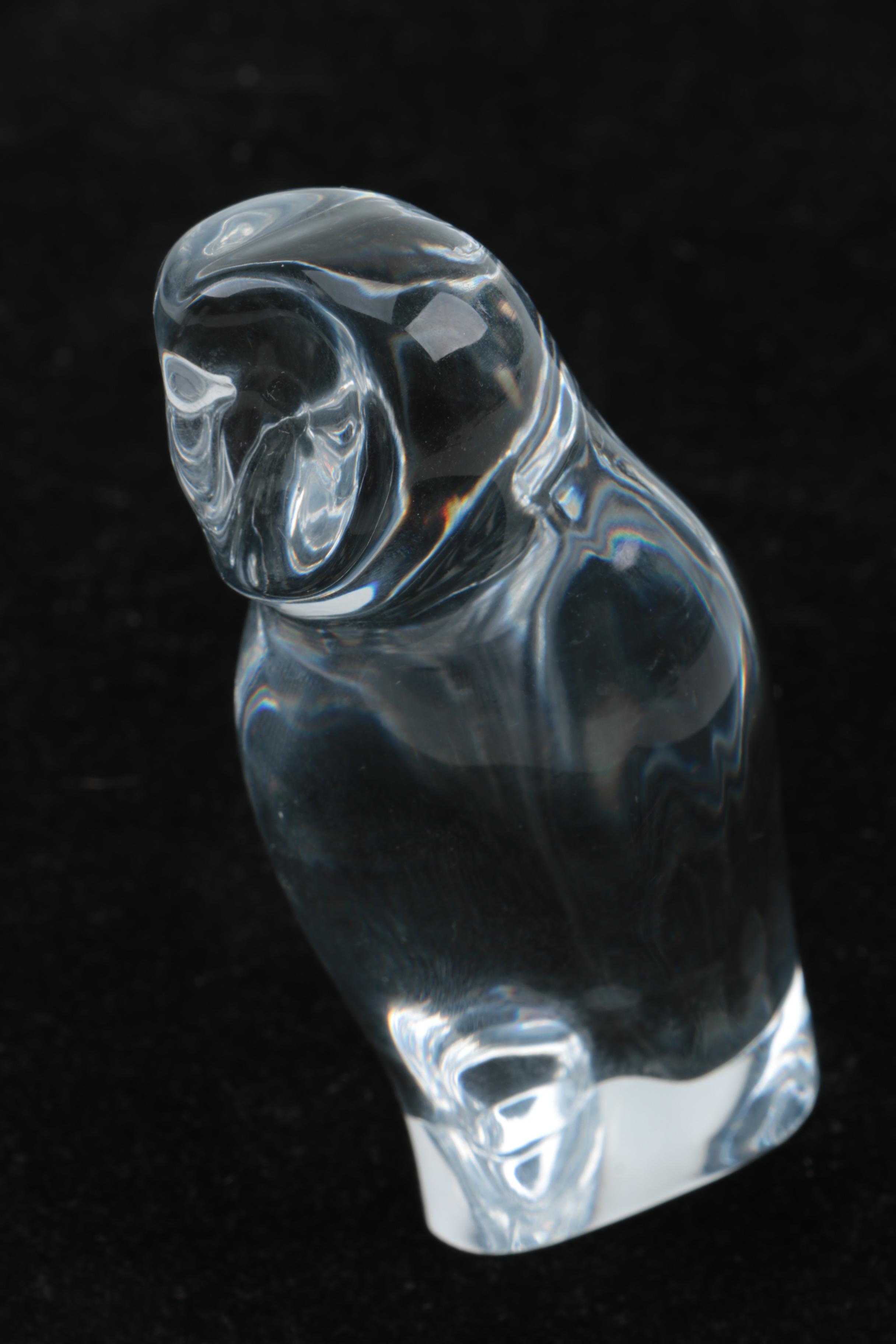Crystal and Glass Owl Figurines including Swarovski, Pukeberg, and Baccarat