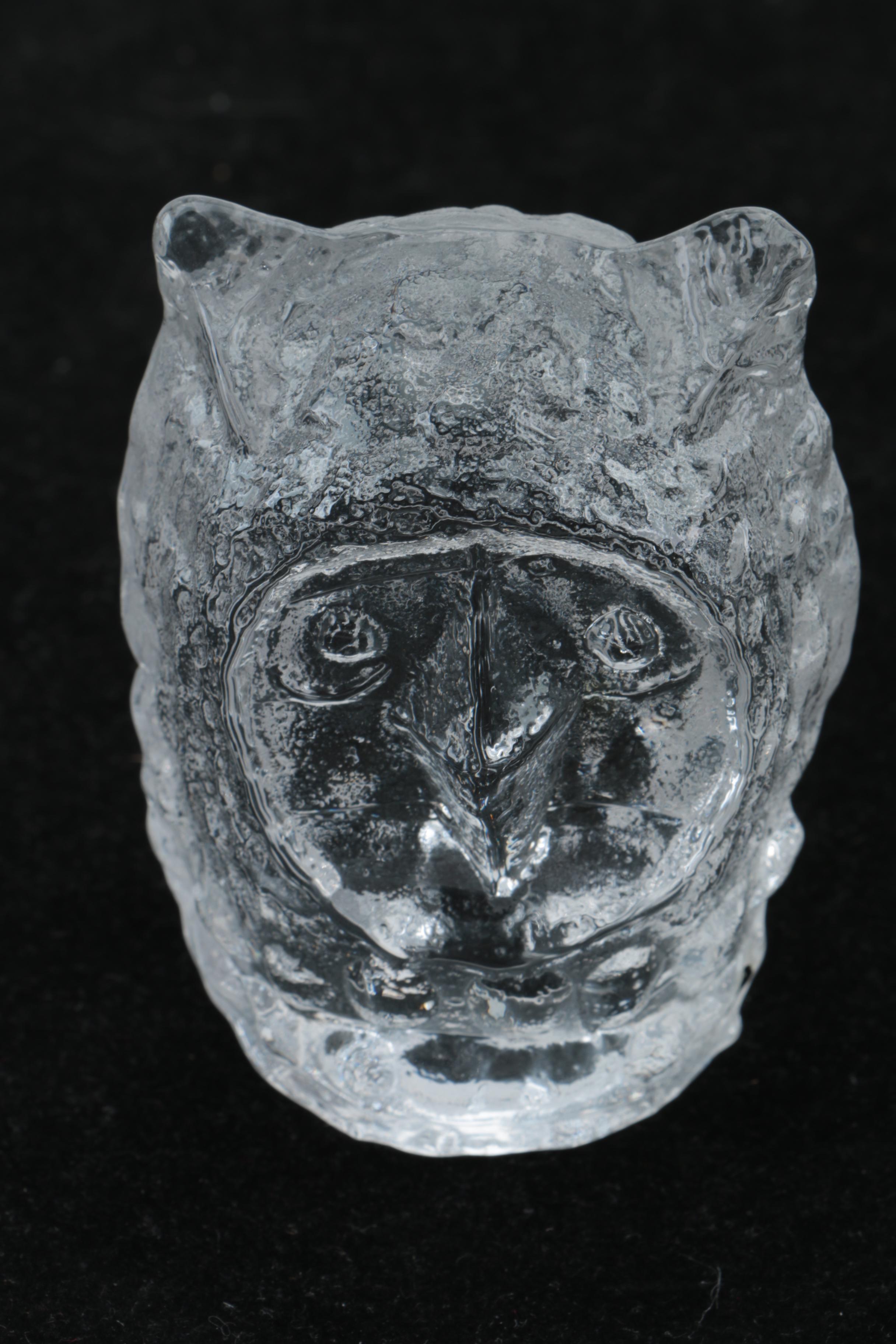 Crystal and Glass Owl Figurines including Swarovski, Pukeberg, and Baccarat
