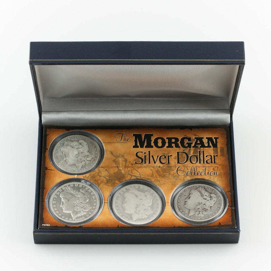 Group of Four Silver Morgan Dollars in a Collection Box