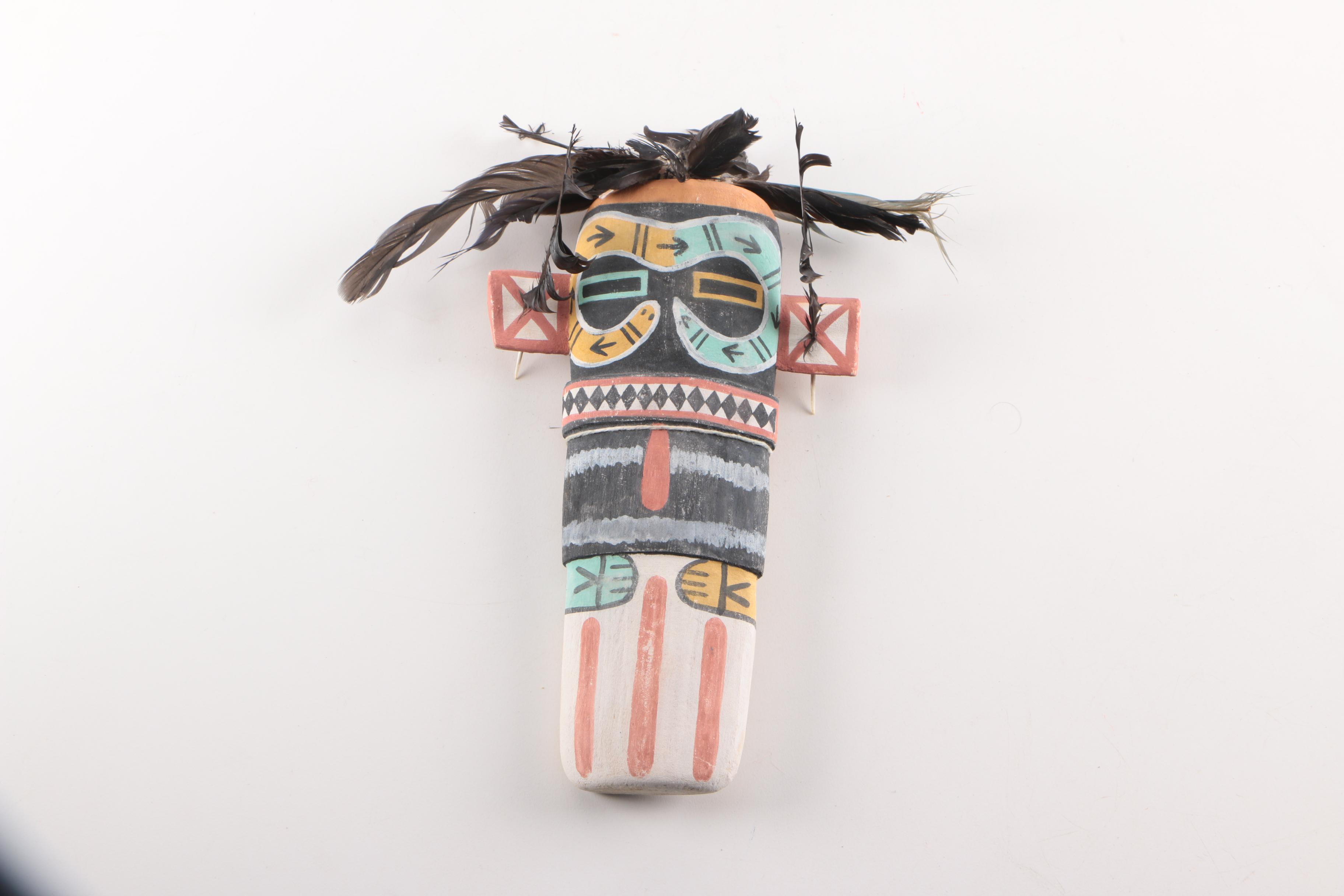 M. Adams Signed Hopi "Hilili" Kachina Doll and Kachina Head Wall Hangings