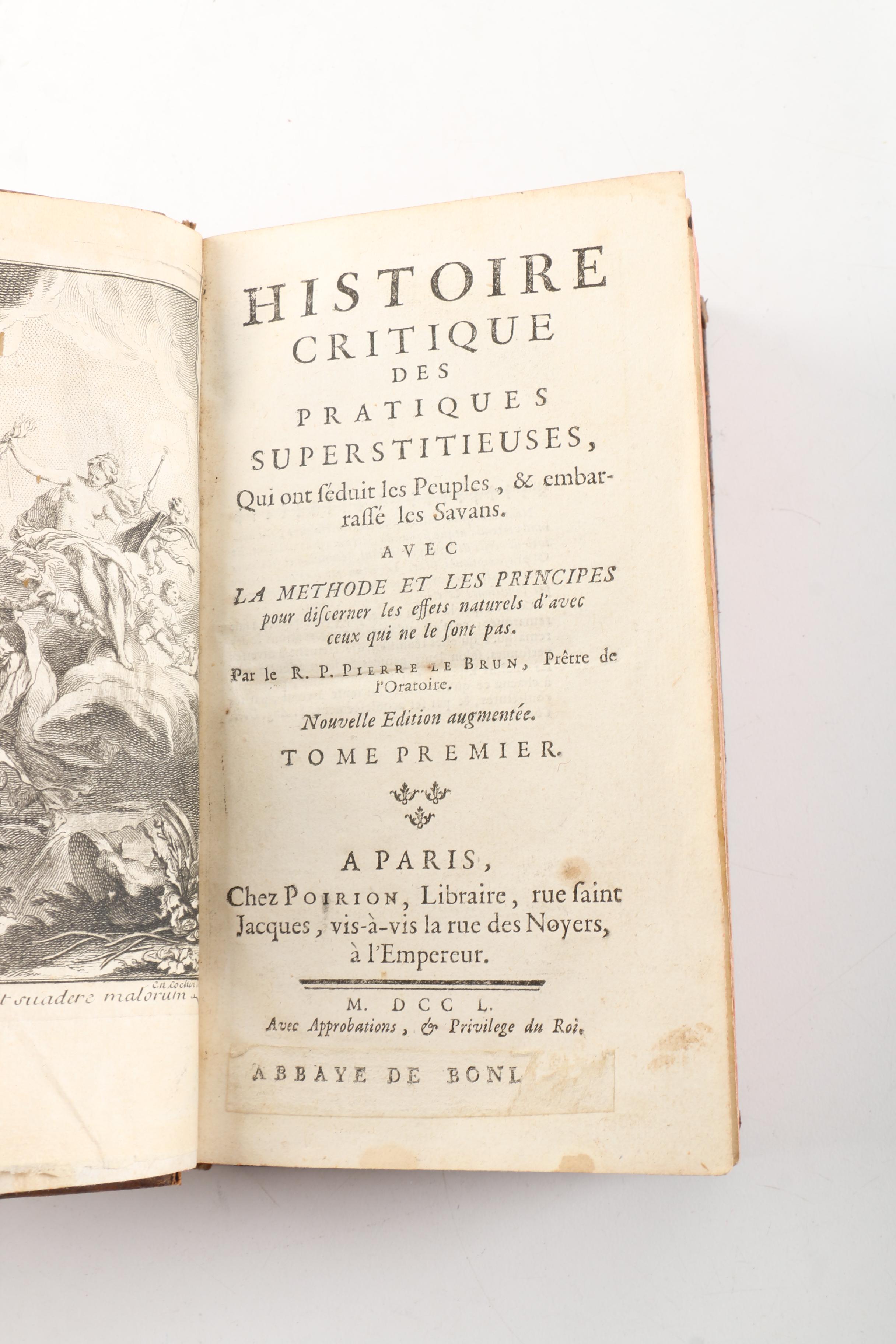 1750 "Histoire Critique des Pratiques Superstitieuses" by Pierre le Brun, v. 1