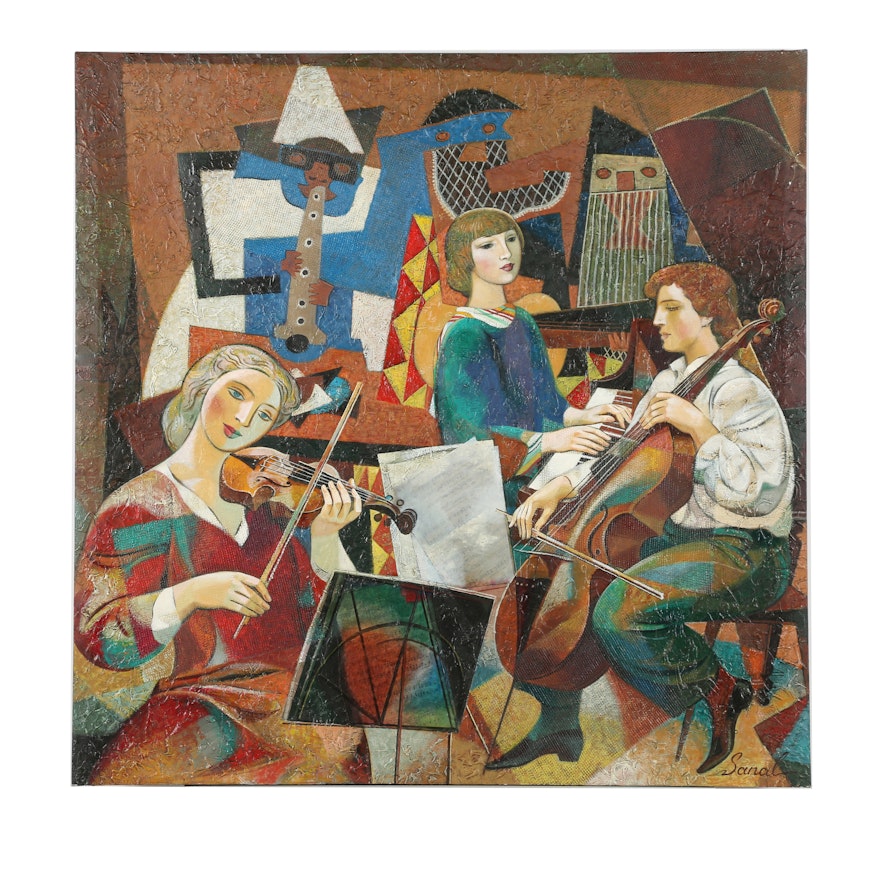 Alexander Sanal Mixed Media Painting "Three Musicians and Picasso"