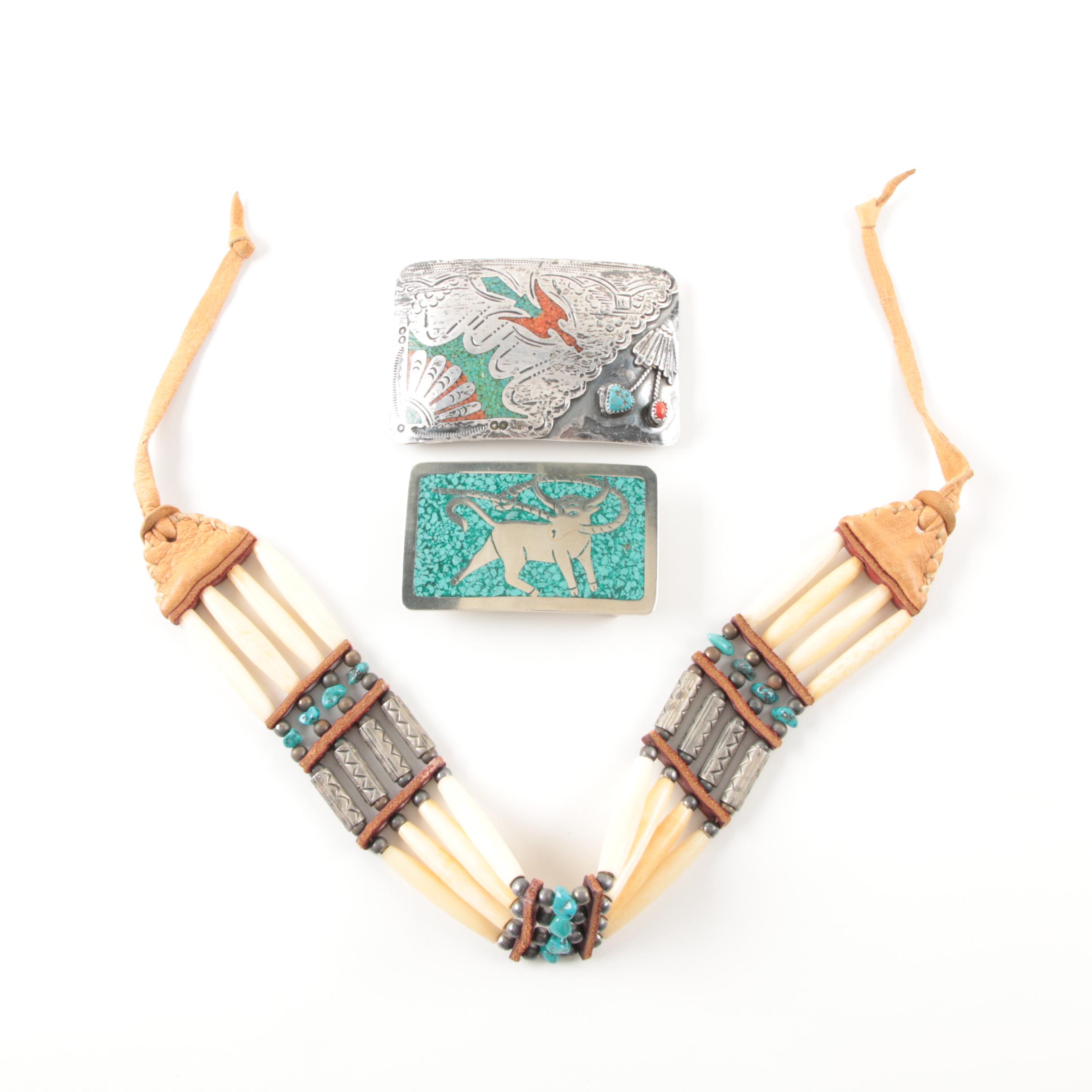 Sterling Silver Coral and Turquoise Inlay Buckles and Costume Bone Necklace