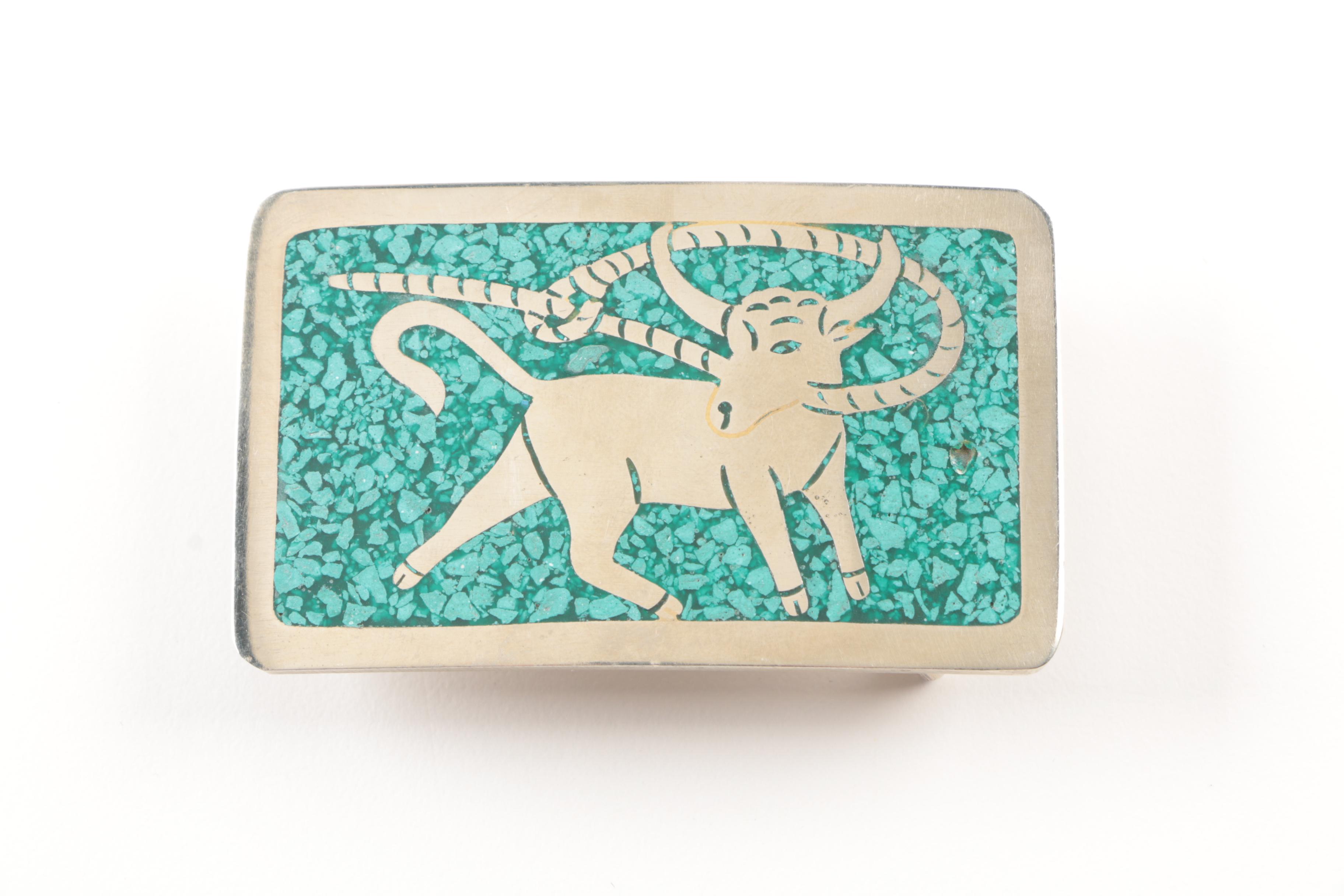 Sterling Silver Coral and Turquoise Inlay Buckles and Costume Bone Necklace