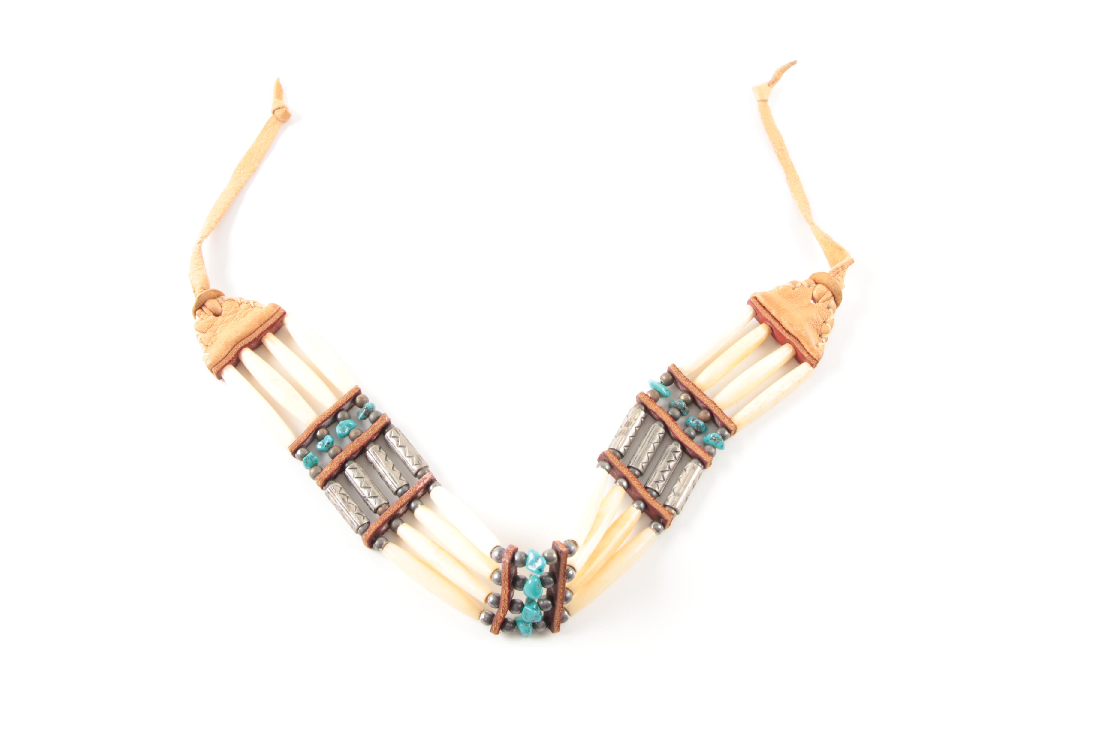 Sterling Silver Coral and Turquoise Inlay Buckles and Costume Bone Necklace