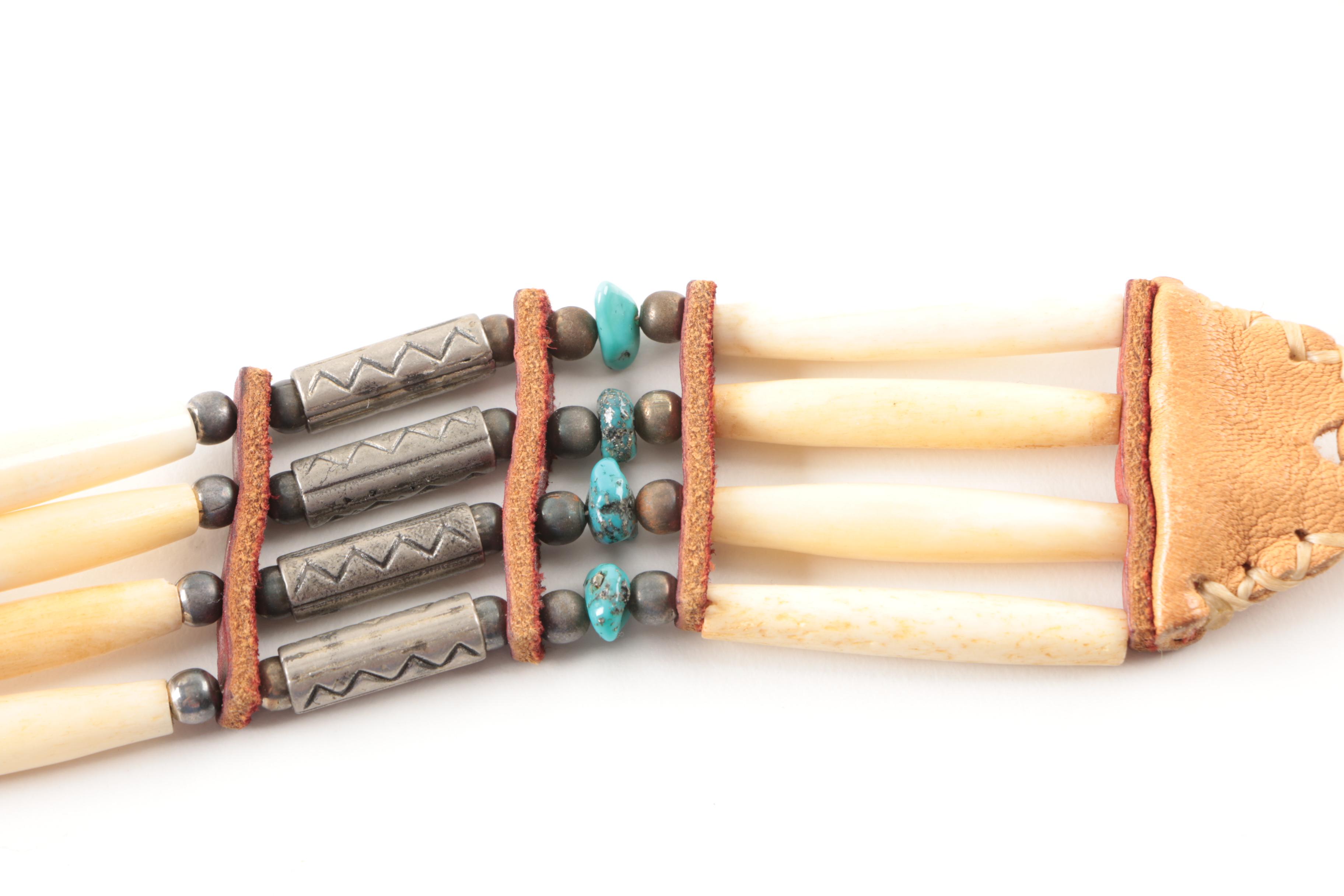 Sterling Silver Coral and Turquoise Inlay Buckles and Costume Bone Necklace