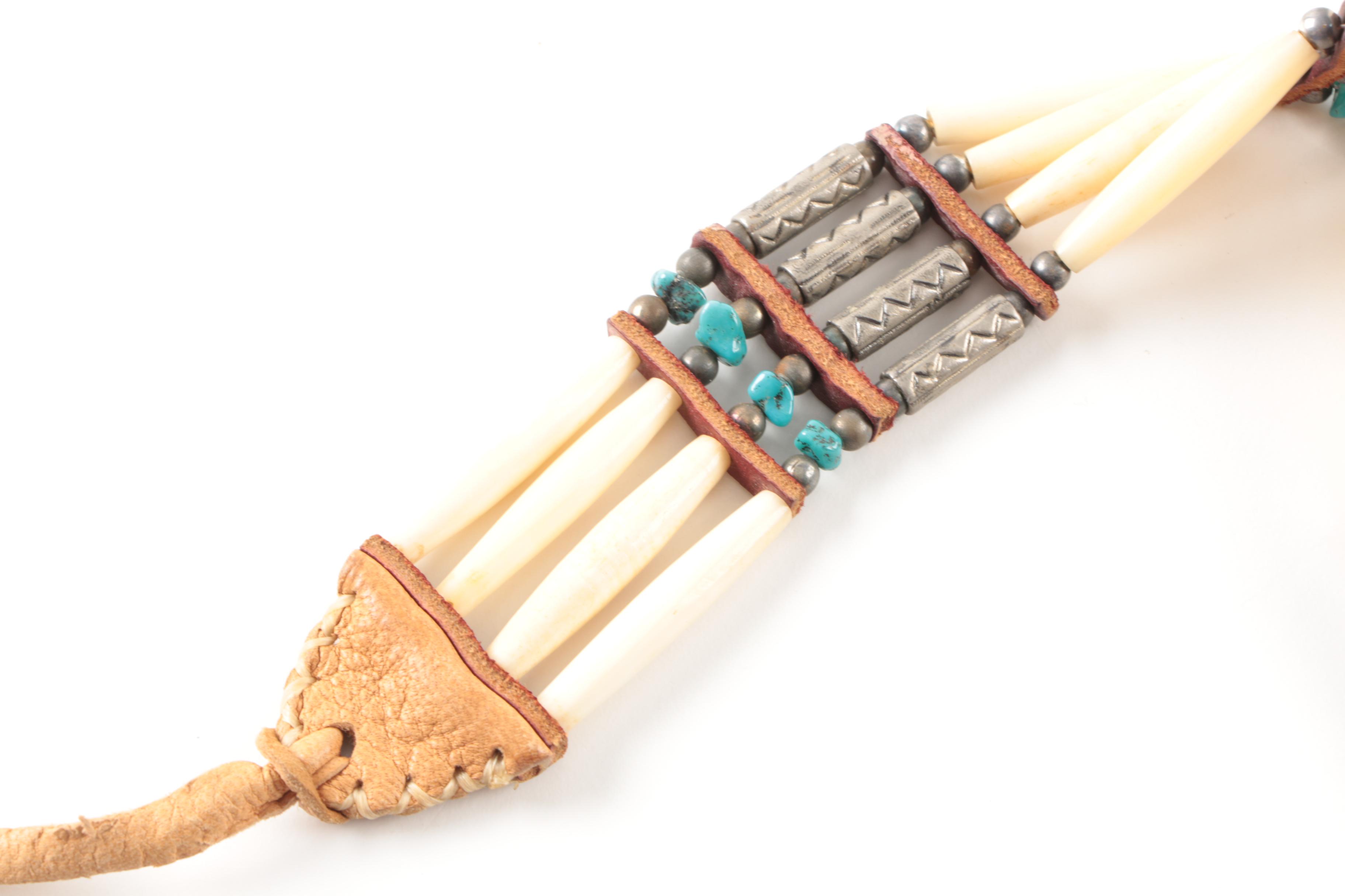 Sterling Silver Coral and Turquoise Inlay Buckles and Costume Bone Necklace