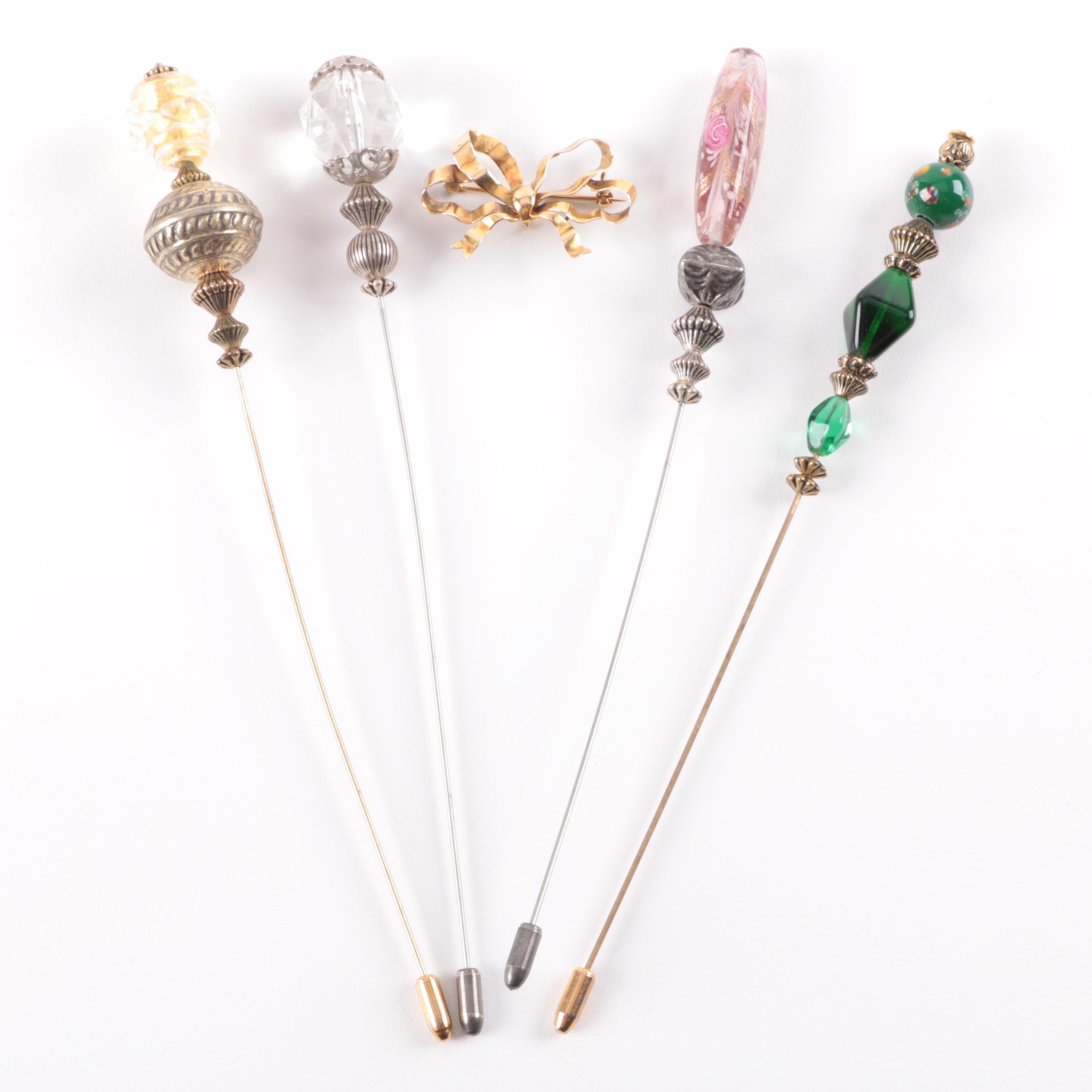 Glass Hat Pin Selection and Bow Brooch