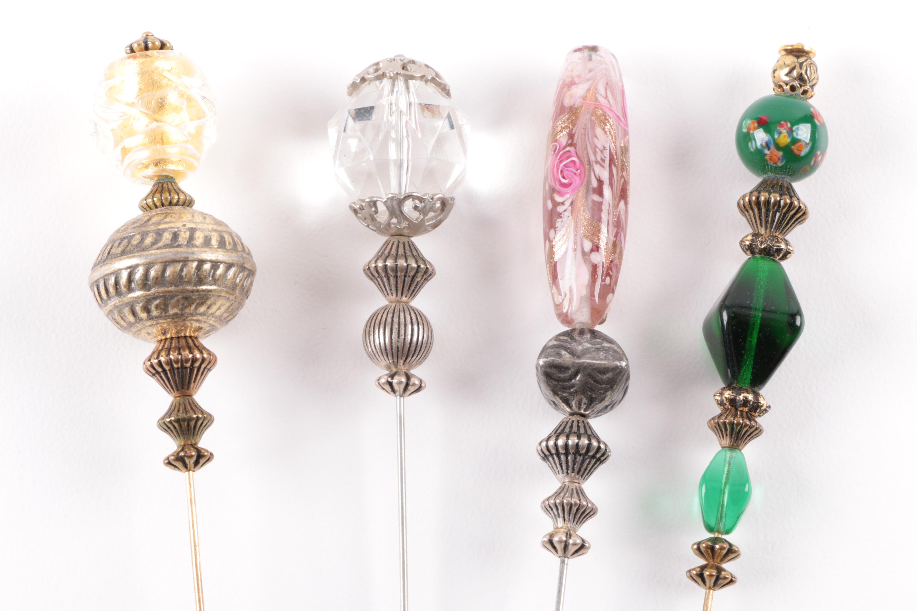 Glass Hat Pin Selection and Bow Brooch