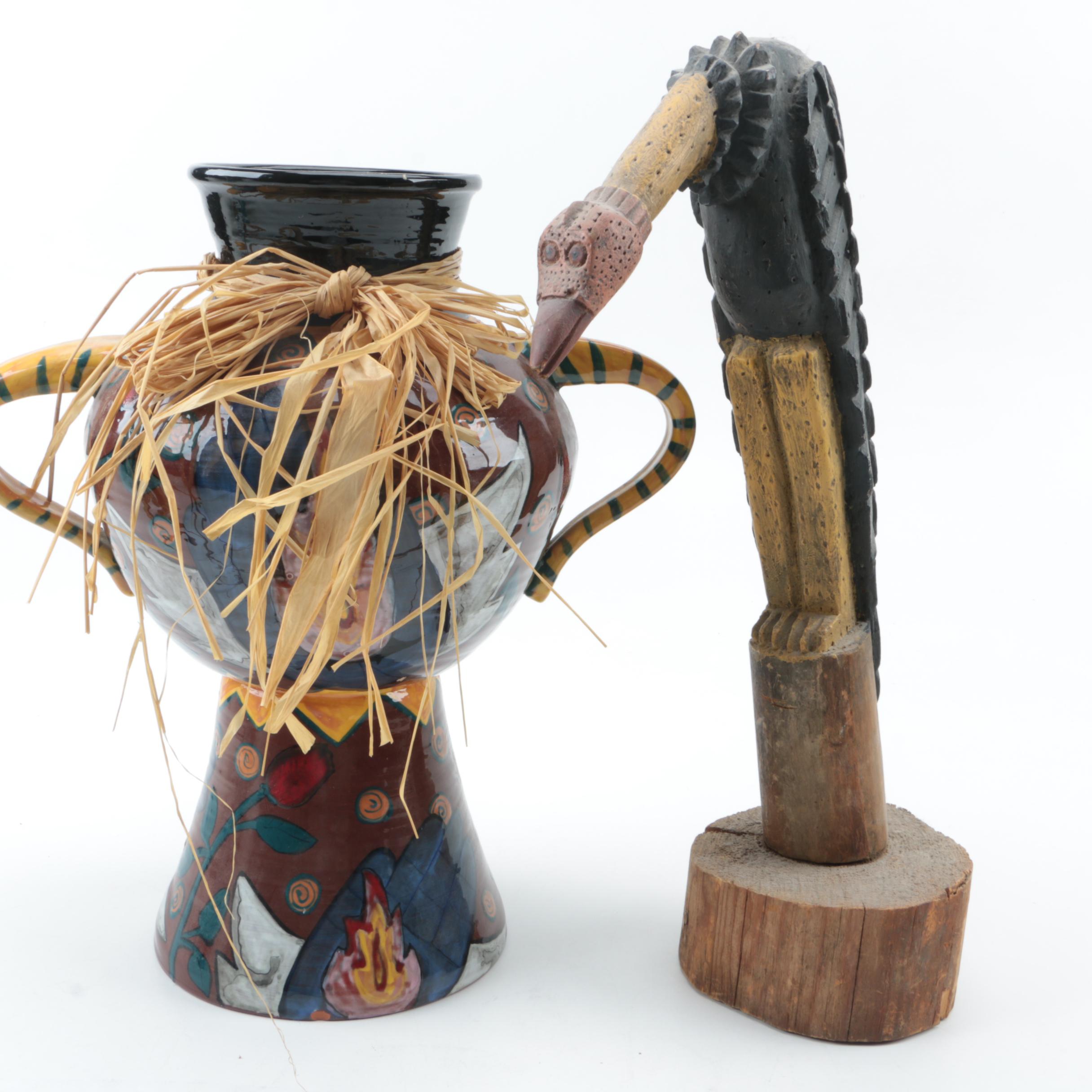 Handmade Pottery Vase and Wooden Vulture Carving