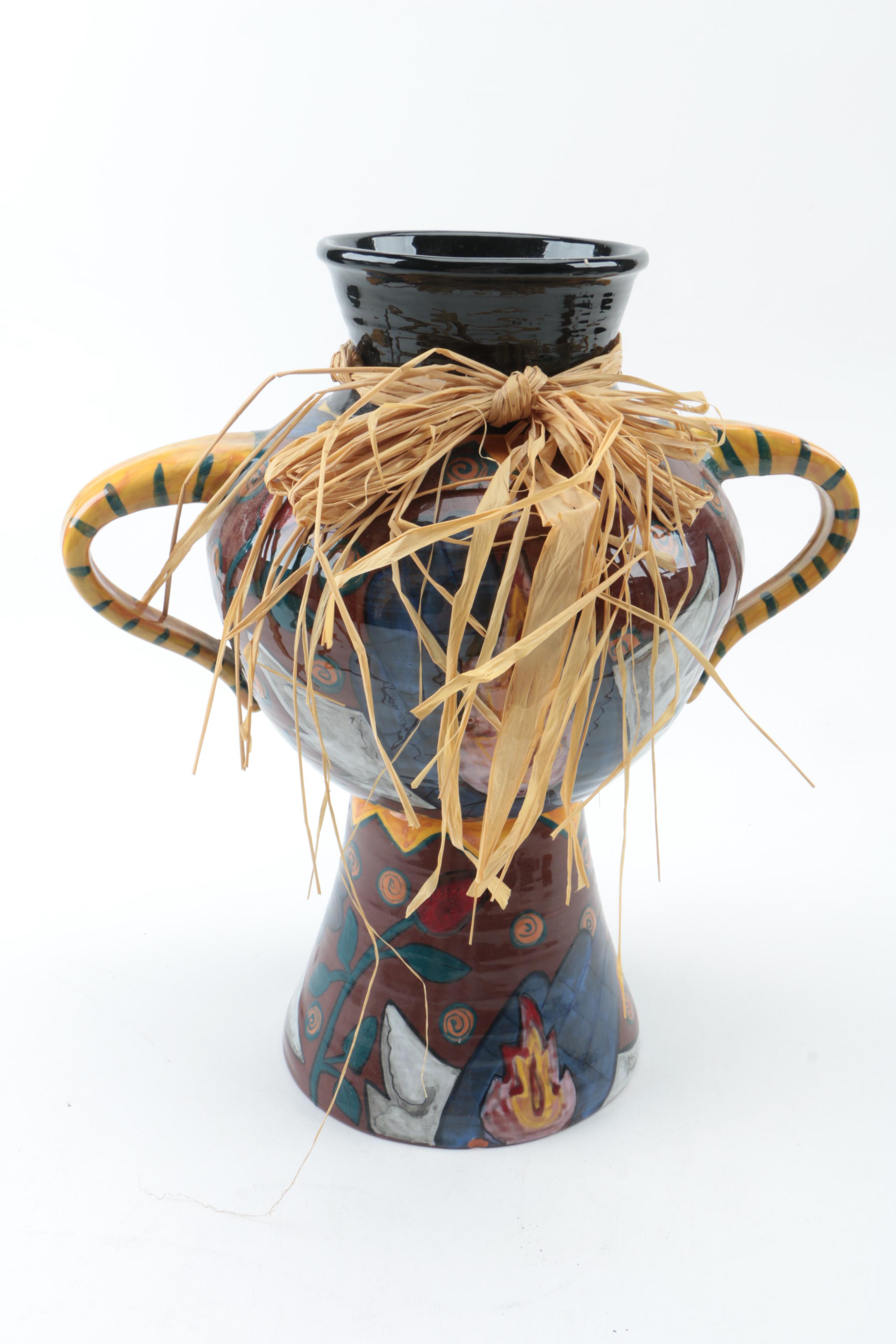 Handmade Pottery Vase and Wooden Vulture Carving