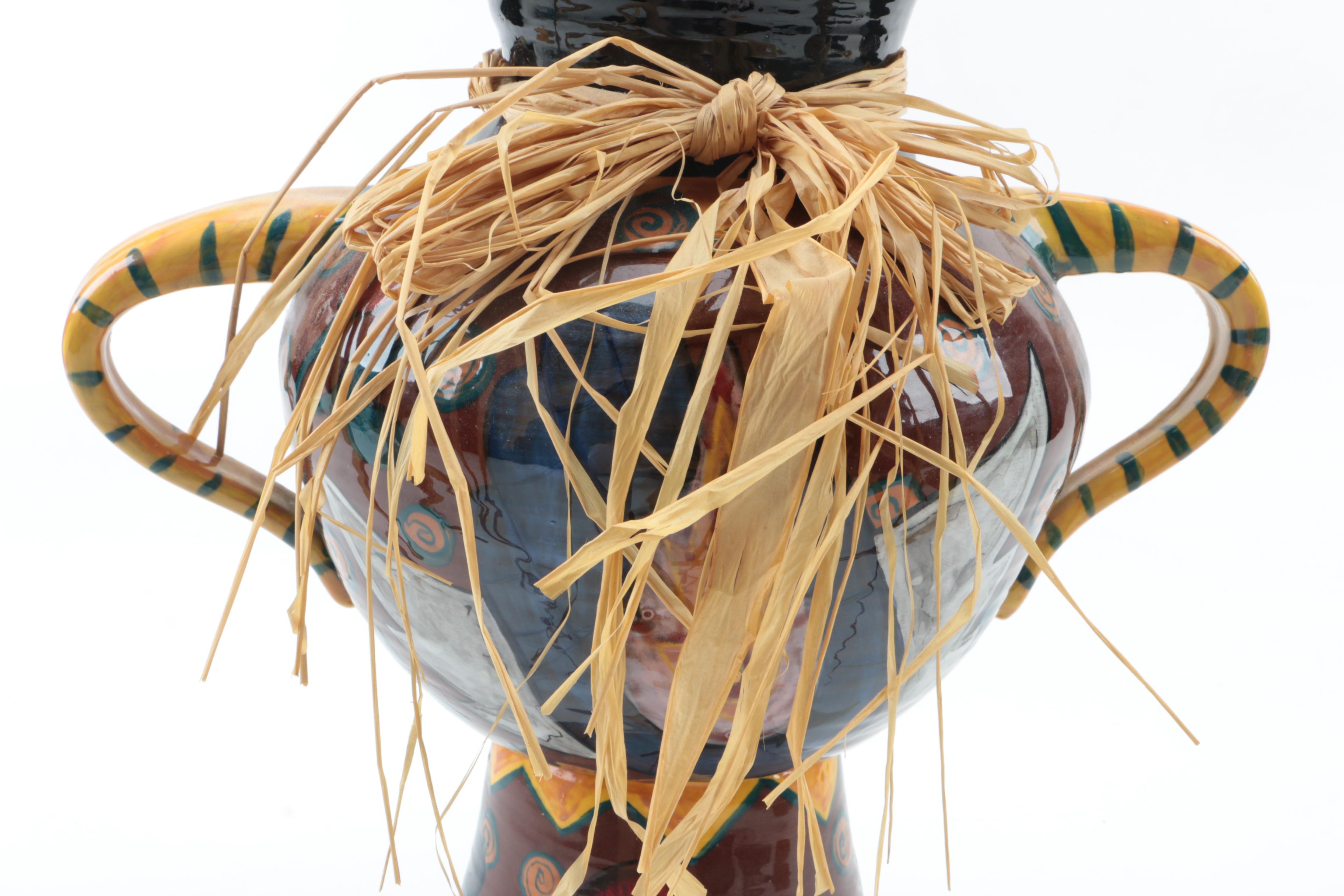 Handmade Pottery Vase and Wooden Vulture Carving