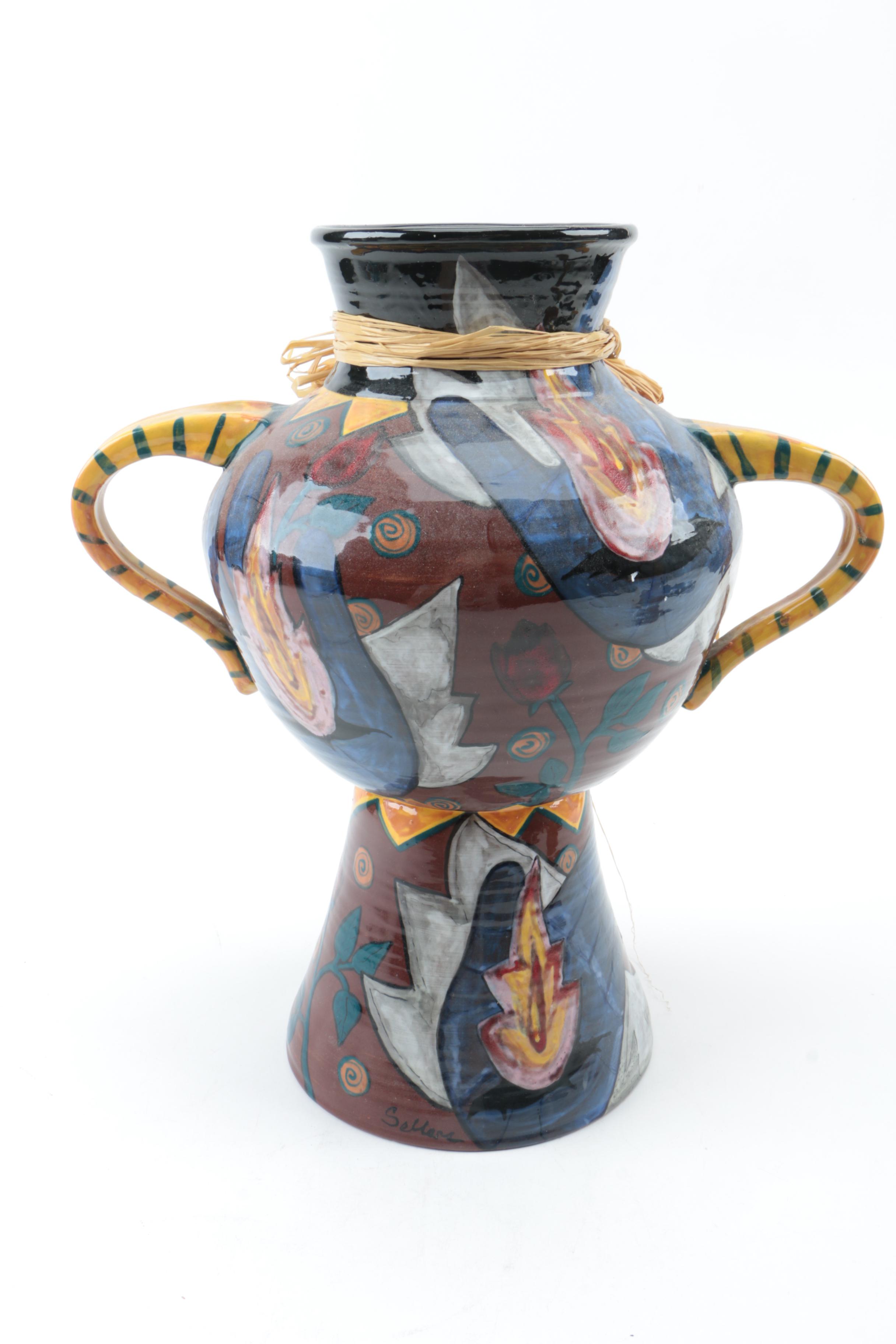 Handmade Pottery Vase and Wooden Vulture Carving