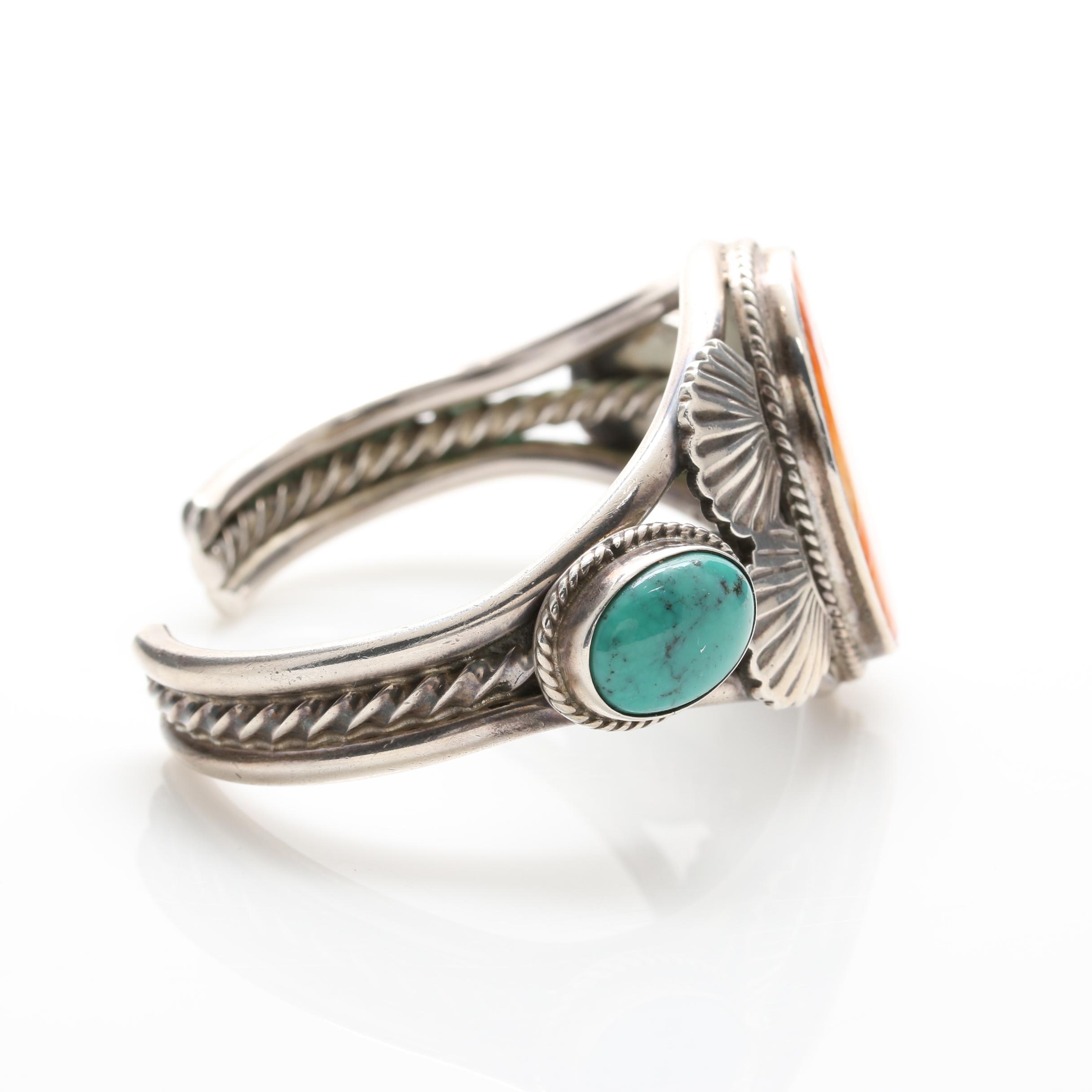 John Lucio Native American Zuni Tribe Sterling Silver Spiny Oyster Cuff