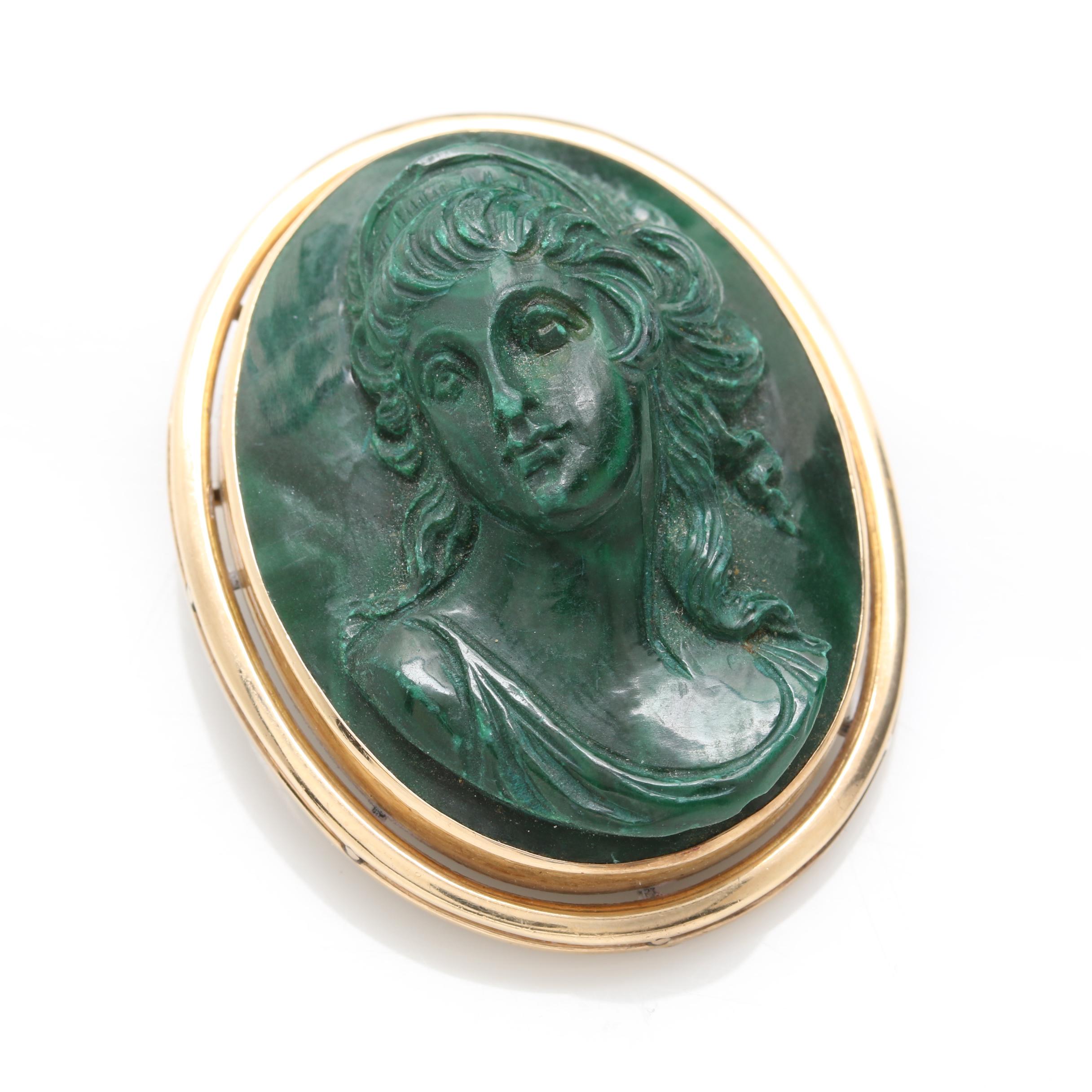 14K Yellow Gold Carved Malachite Pendant Brooch
