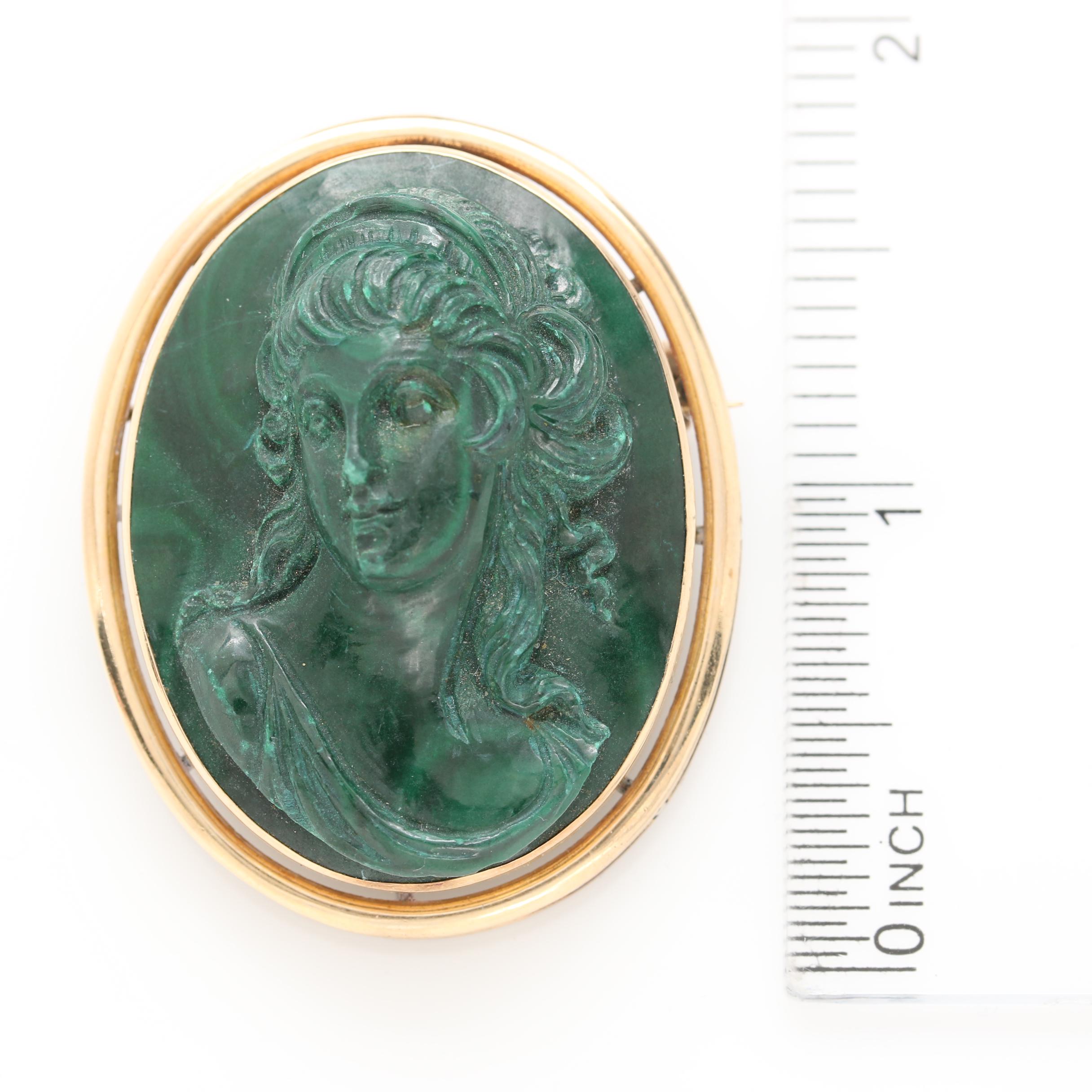 14K Yellow Gold Carved Malachite Pendant Brooch